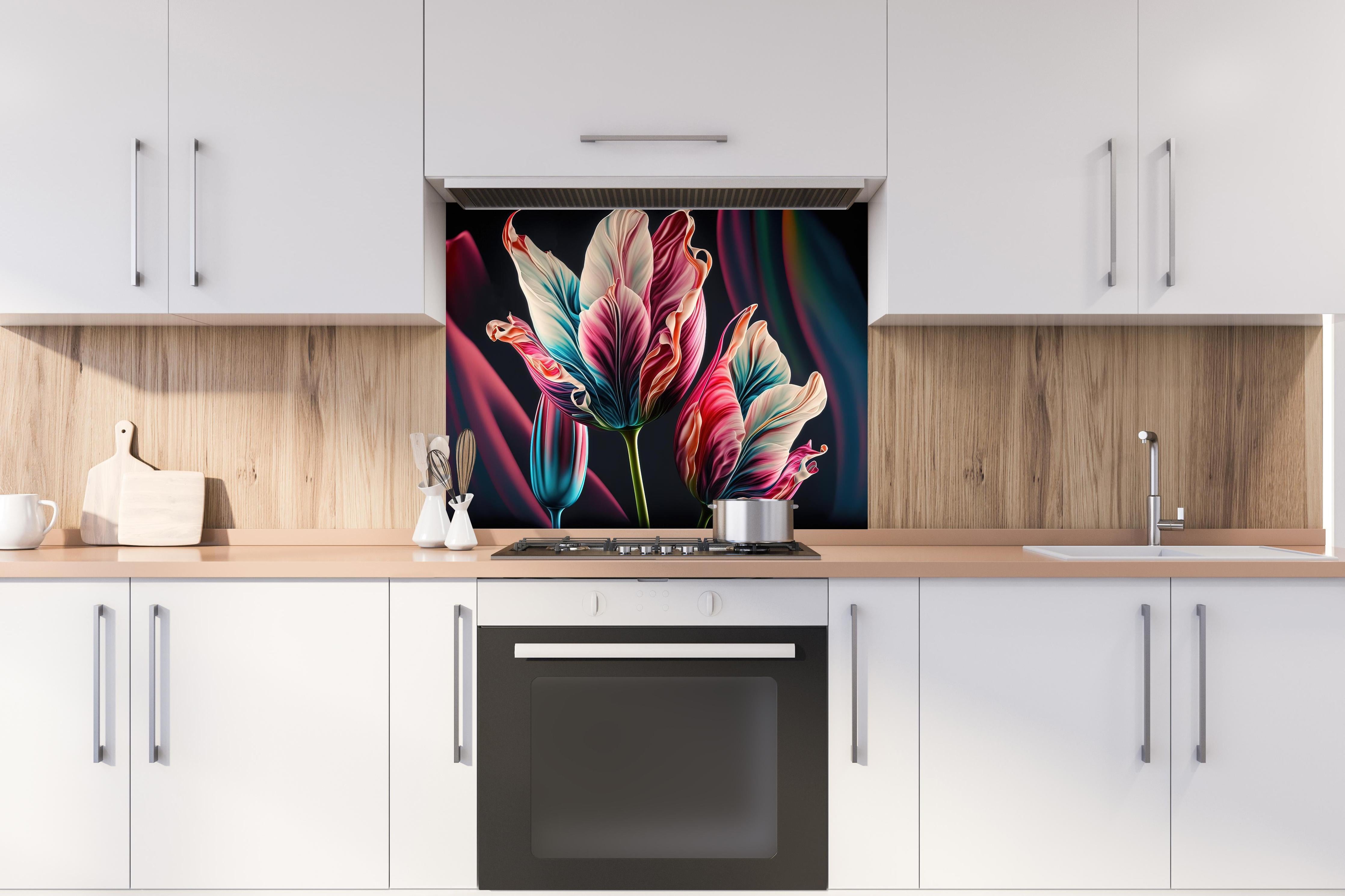 Spritzschutz - Abstrakte, bunte Fluid Art Tulpenbild hinter einem Cerankochfeld zwischen Holz-Kochutensilien