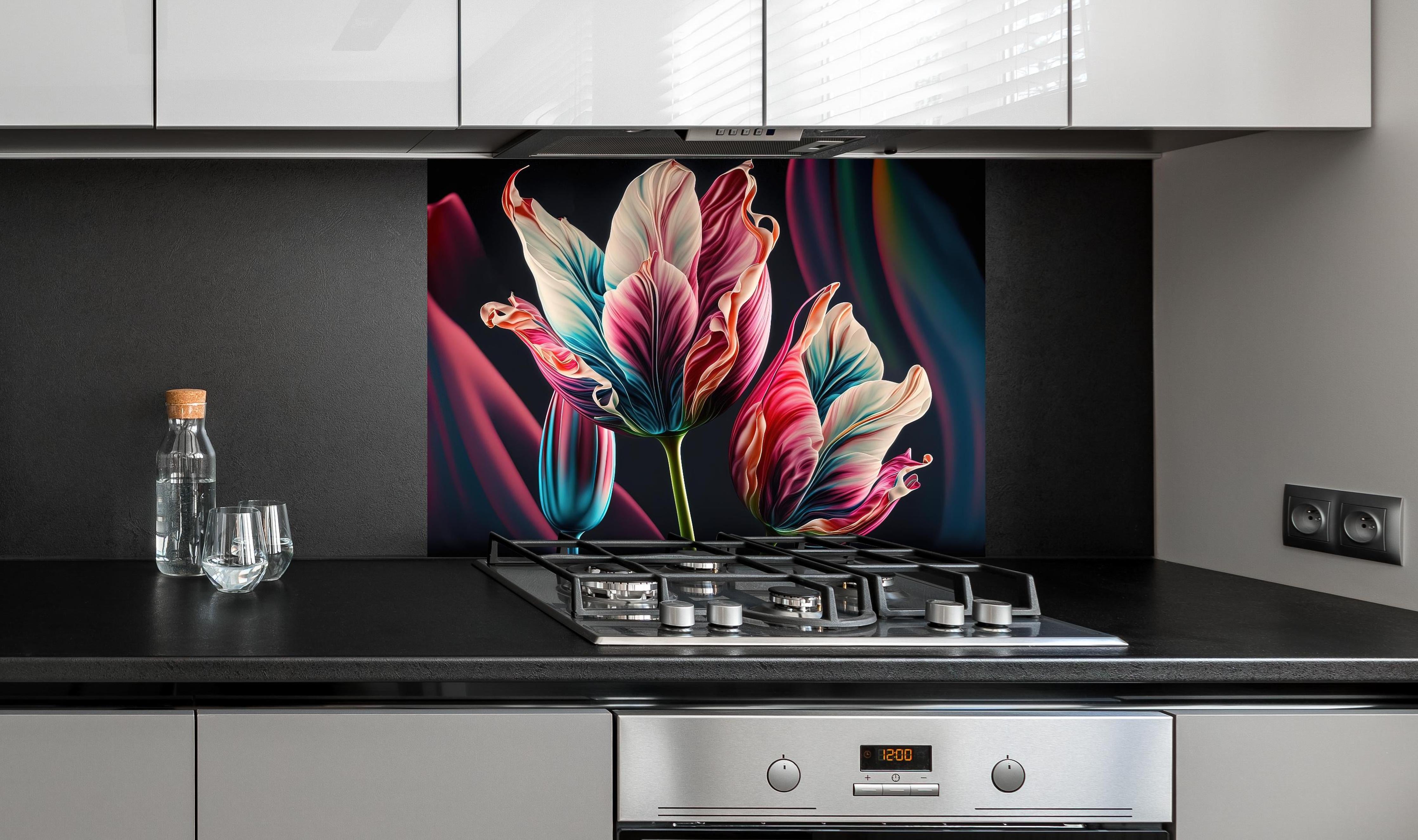 Spritzschutz - Abstrakte, bunte Fluid Art Tulpenbild hinter einem Cerankochfeld zwischen Holz-Kochutensilien