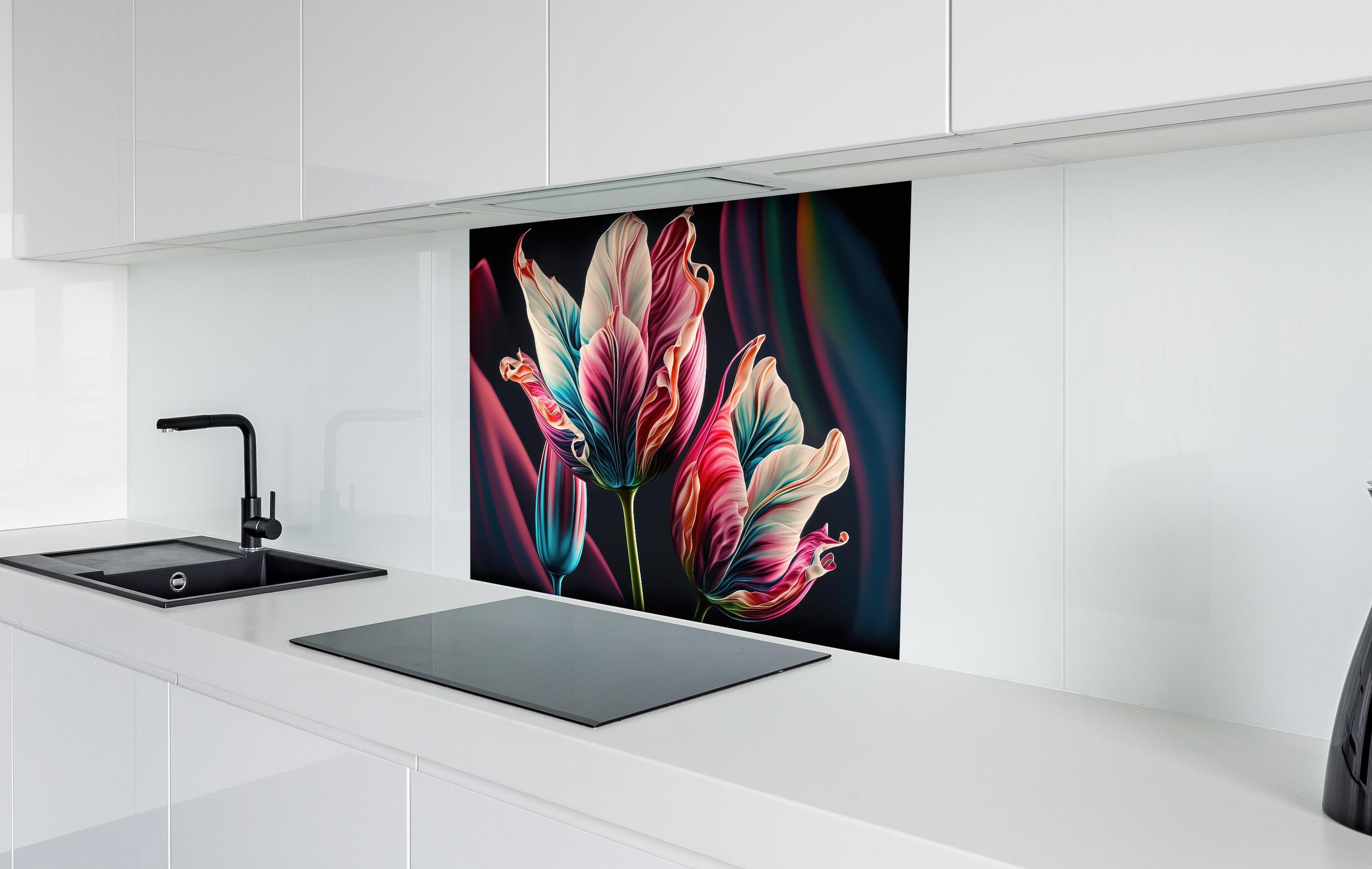 Spritzschutz - Abstrakte, bunte Fluid Art Tulpenbild hinter einem Cerankochfeld zwischen Holz-Kochutensilien