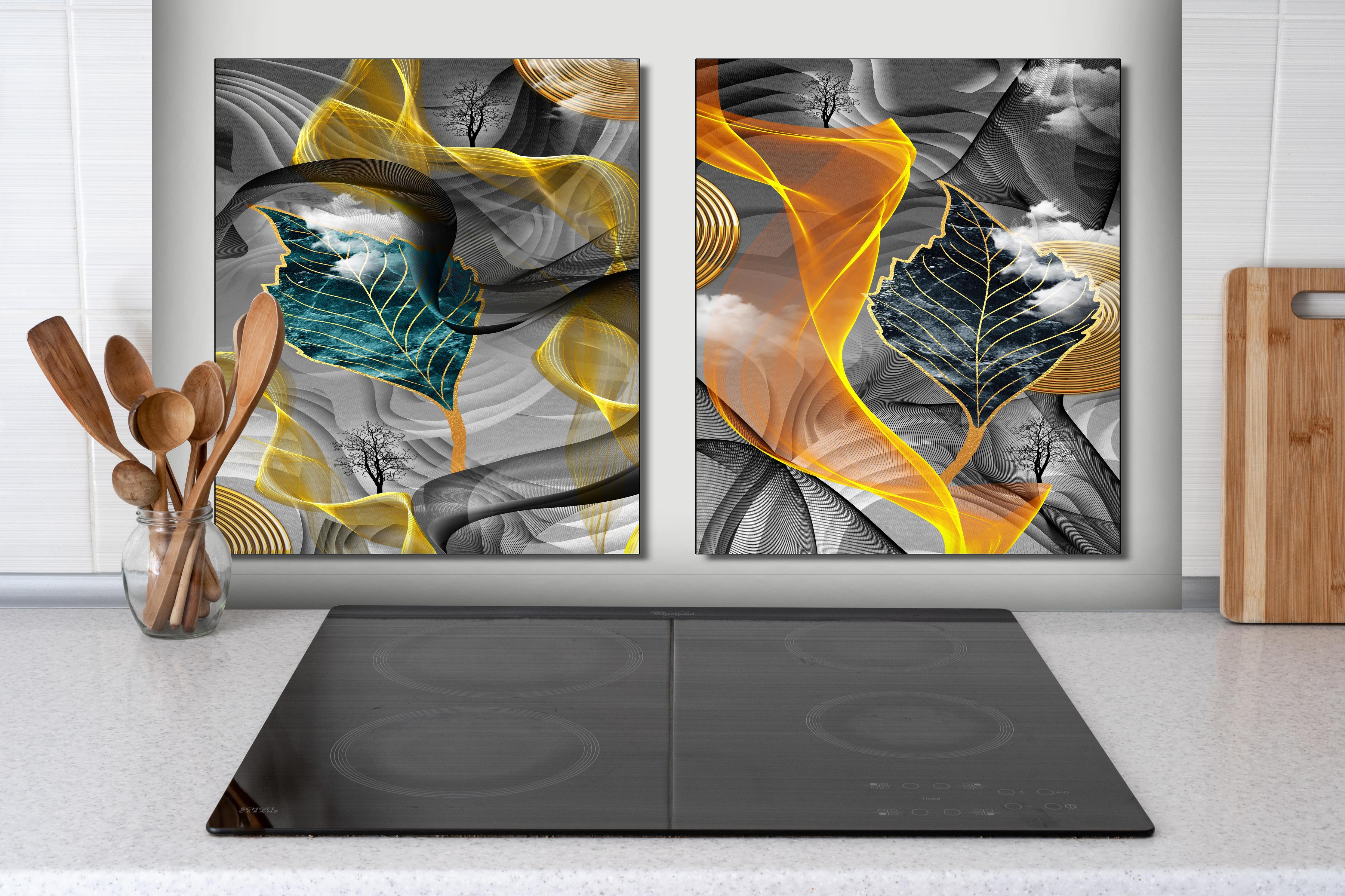 Spritzschutz - Abstraktes 3D Design hinter einem Cerankochfeld zwischen Holz-Kochutensilien