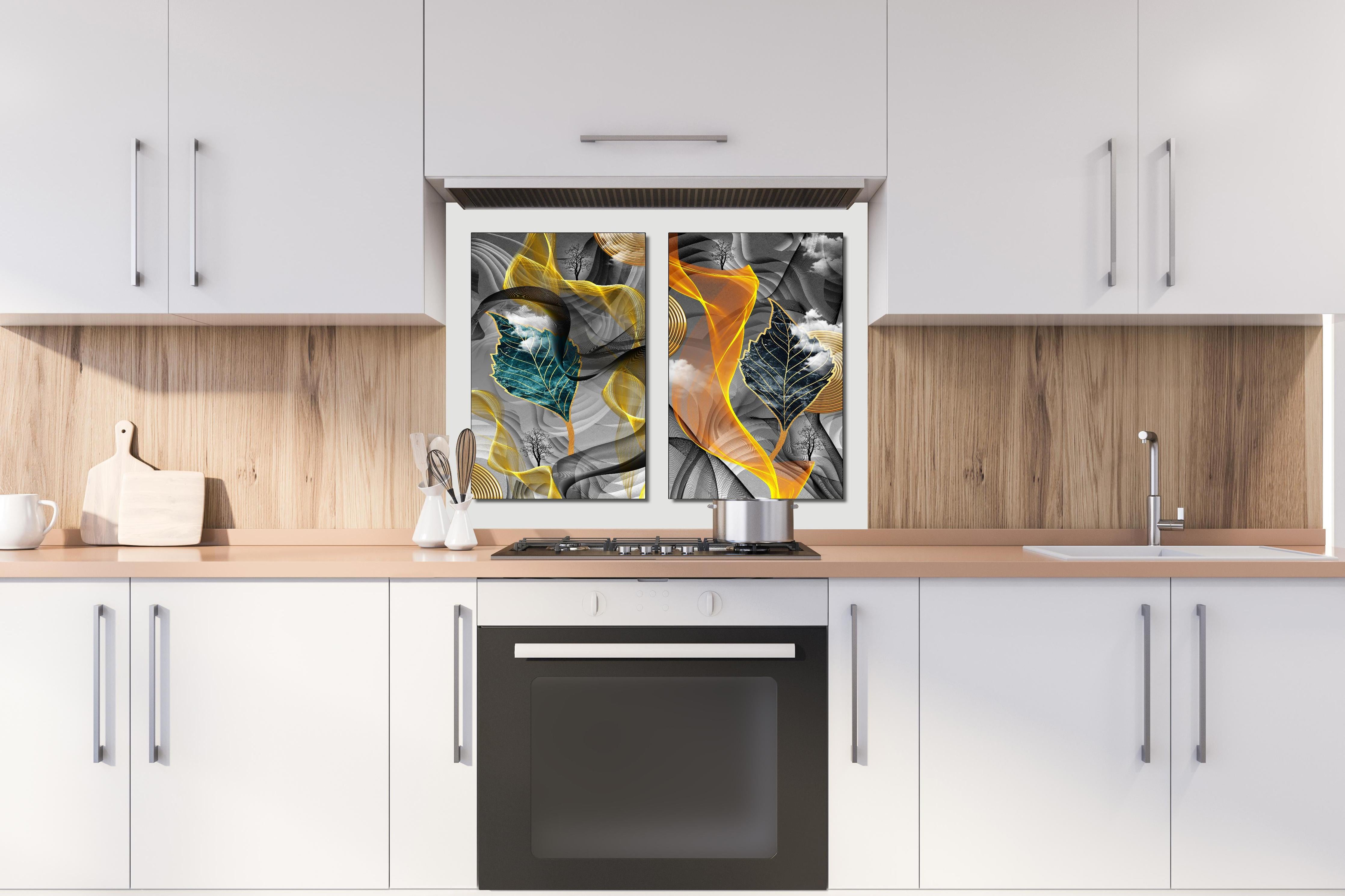 Spritzschutz - Abstraktes 3D Design hinter einem Cerankochfeld zwischen Holz-Kochutensilien