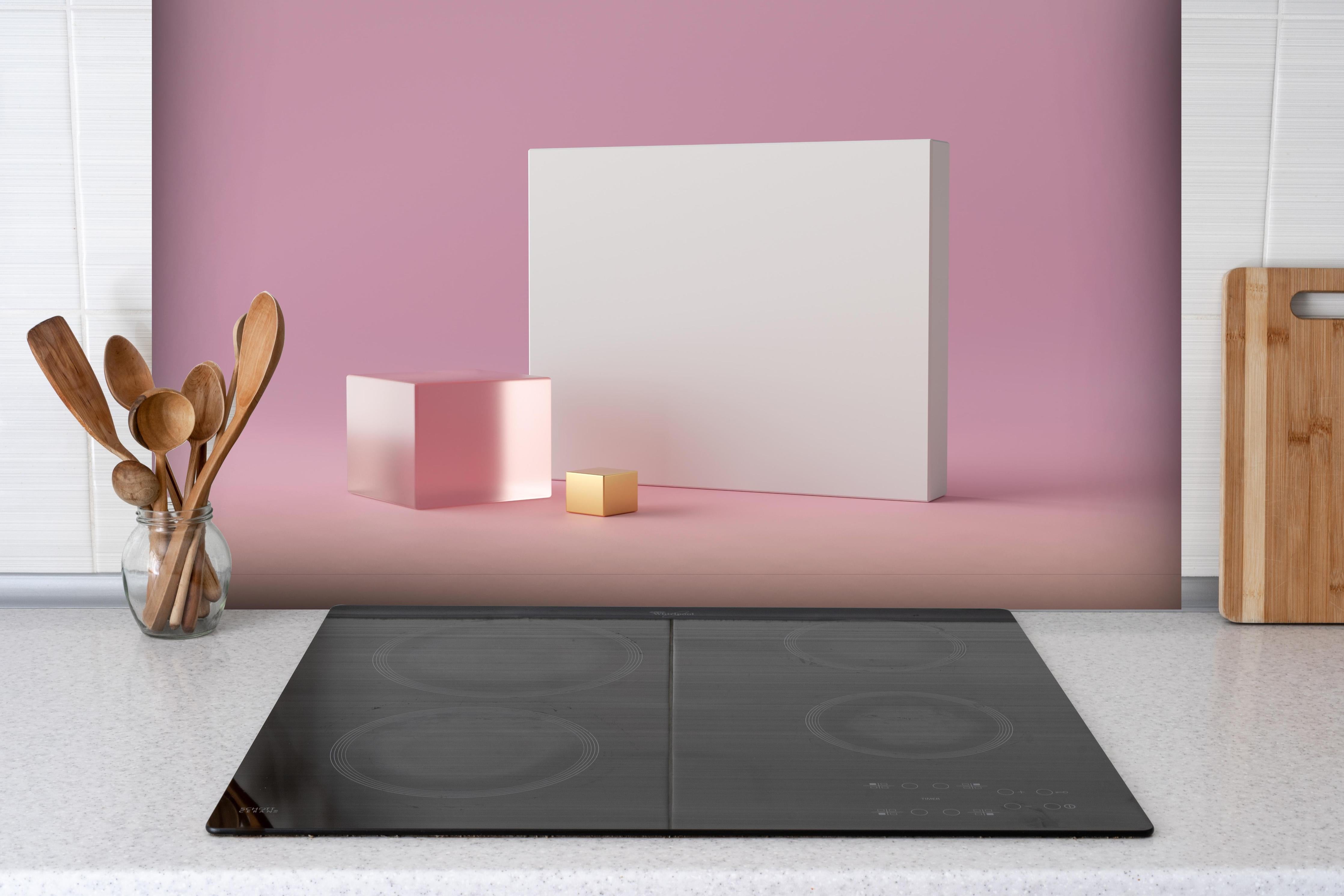 Spritzschutz - Abstraktes 3D-Modell hinter einem Cerankochfeld zwischen Holz-Kochutensilien