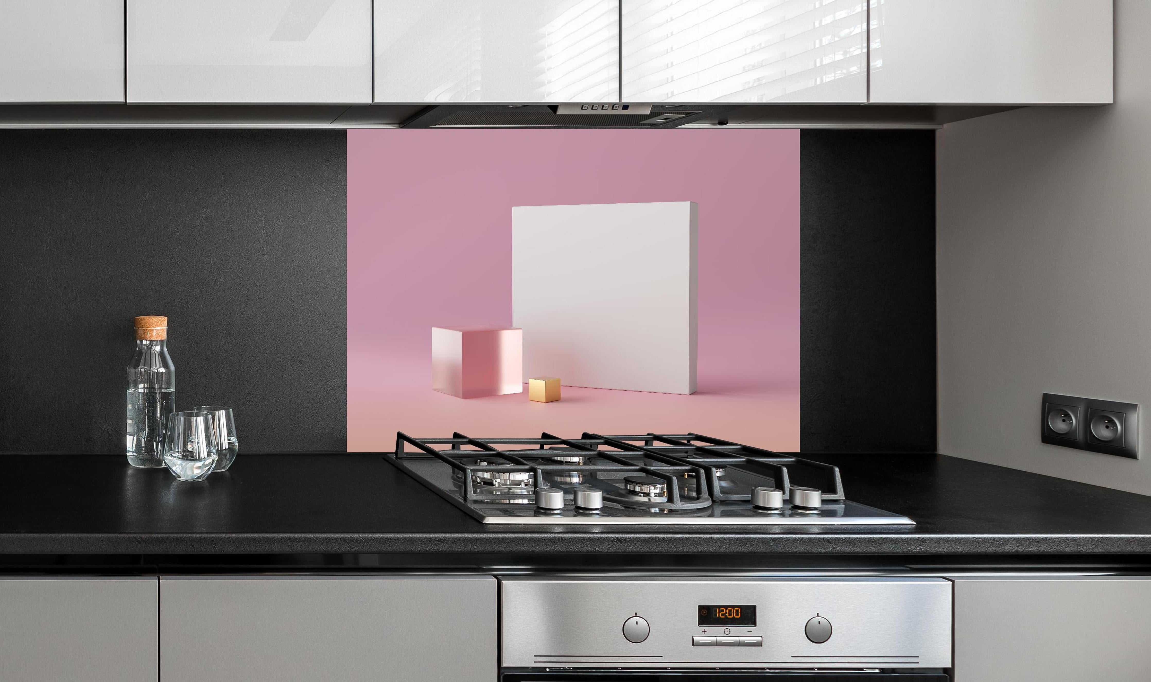 Spritzschutz - Abstraktes 3D-Modell hinter einem Cerankochfeld zwischen Holz-Kochutensilien