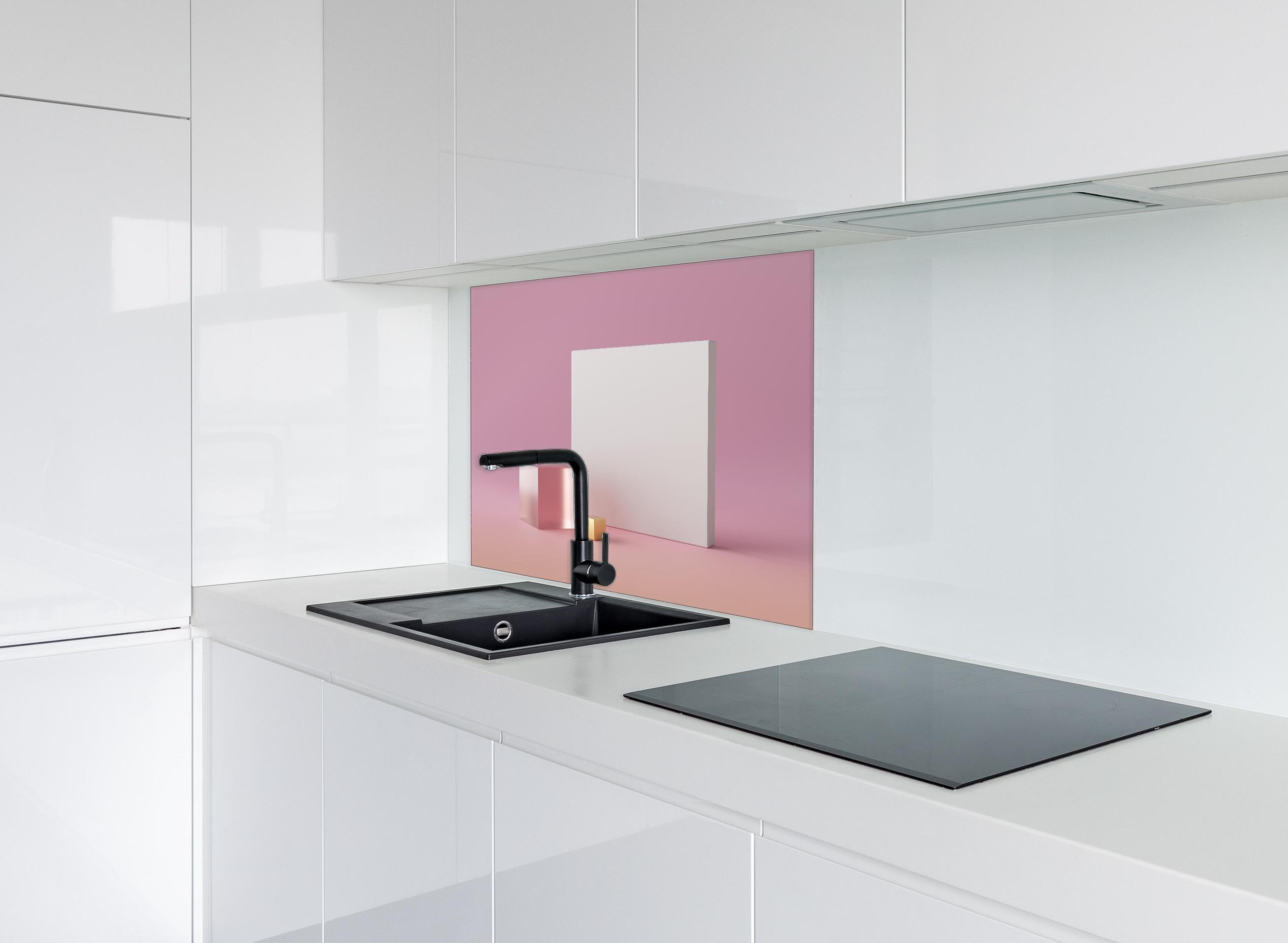 Spritzschutz - Abstraktes 3D-Modell hinter einem Cerankochfeld zwischen Holz-Kochutensilien