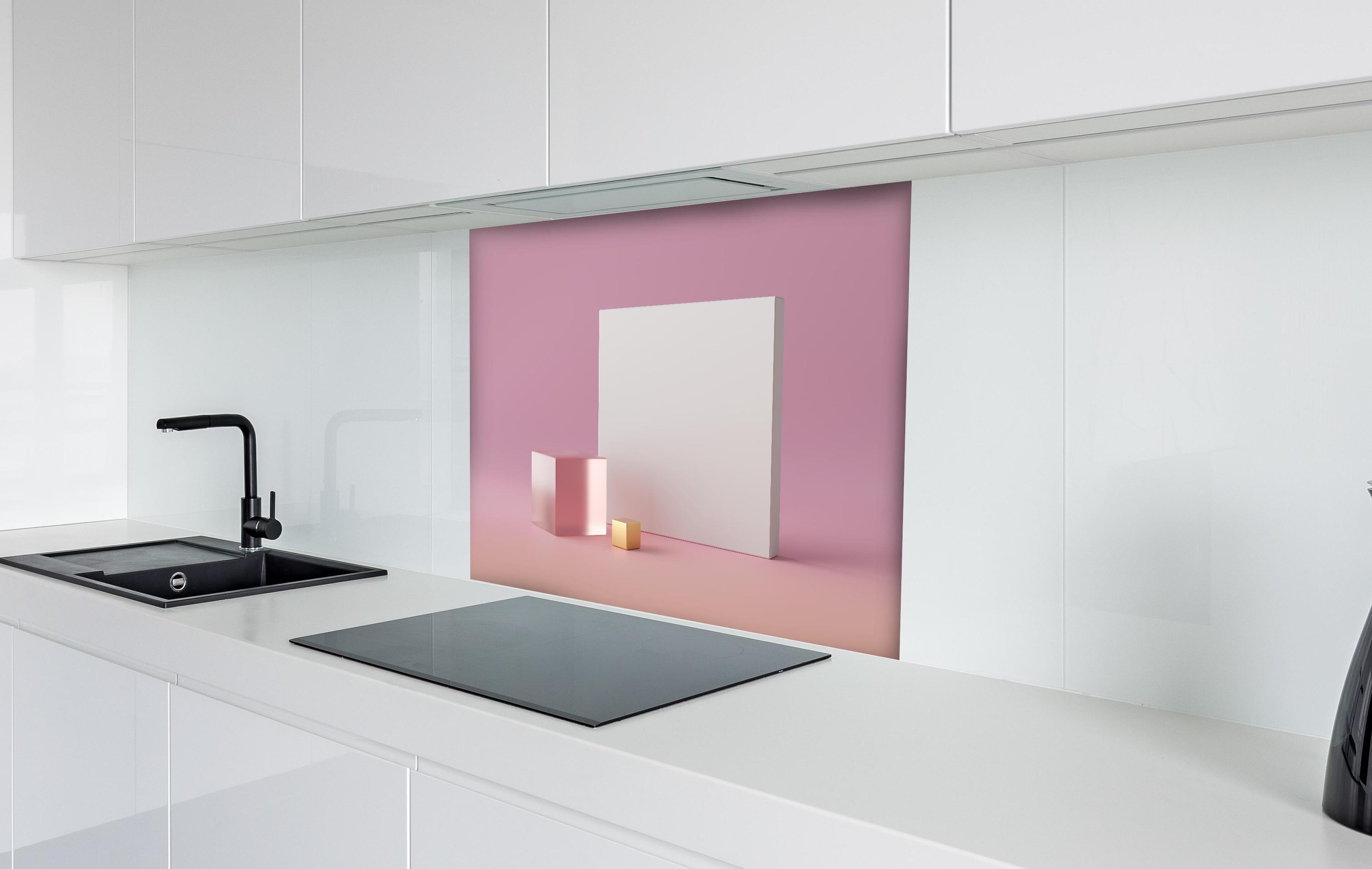 Spritzschutz - Abstraktes 3D-Modell hinter einem Cerankochfeld zwischen Holz-Kochutensilien