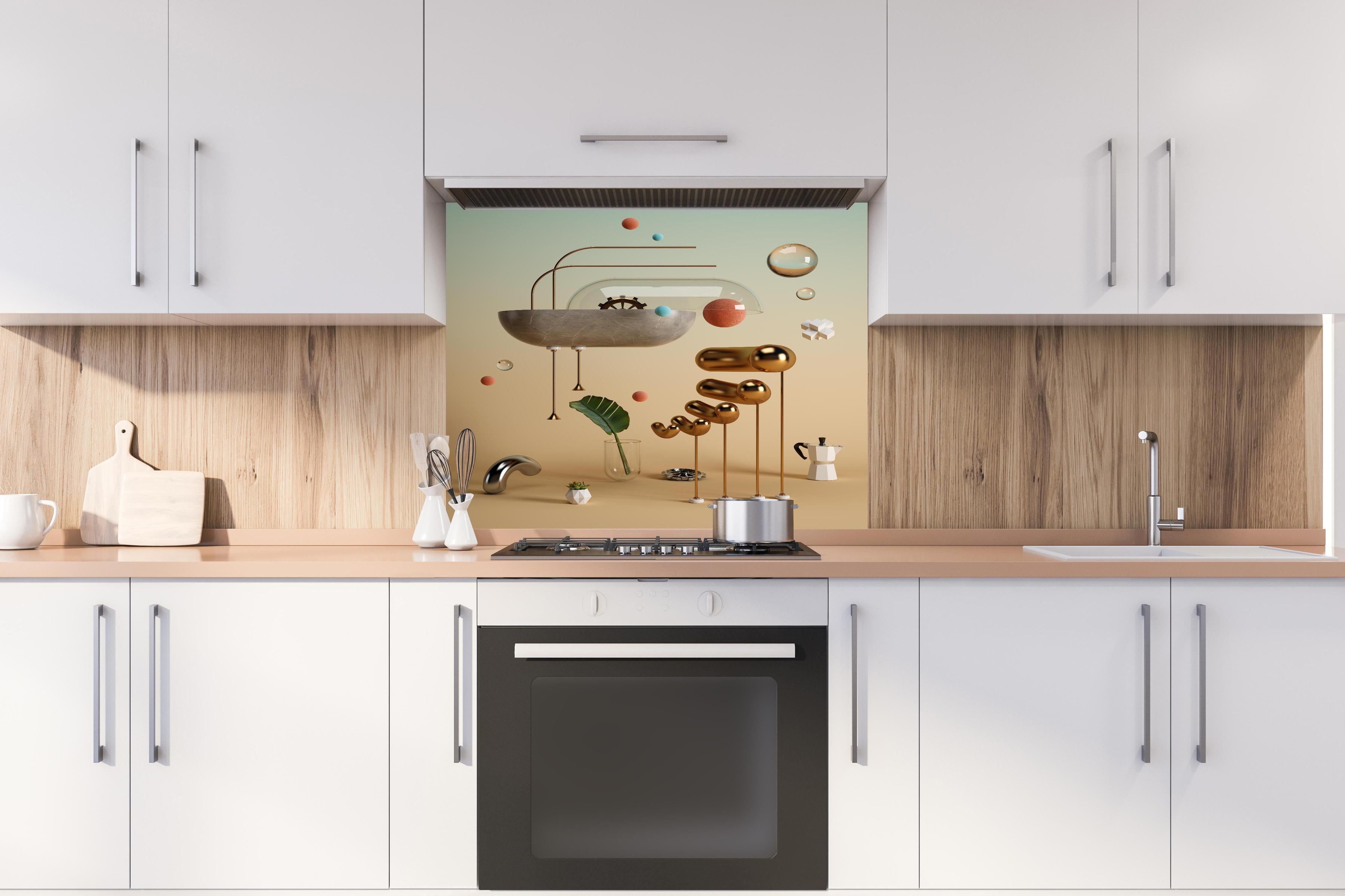 Spritzschutz - Abstraktes Design - Surrealismus hinter einem Cerankochfeld zwischen Holz-Kochutensilien