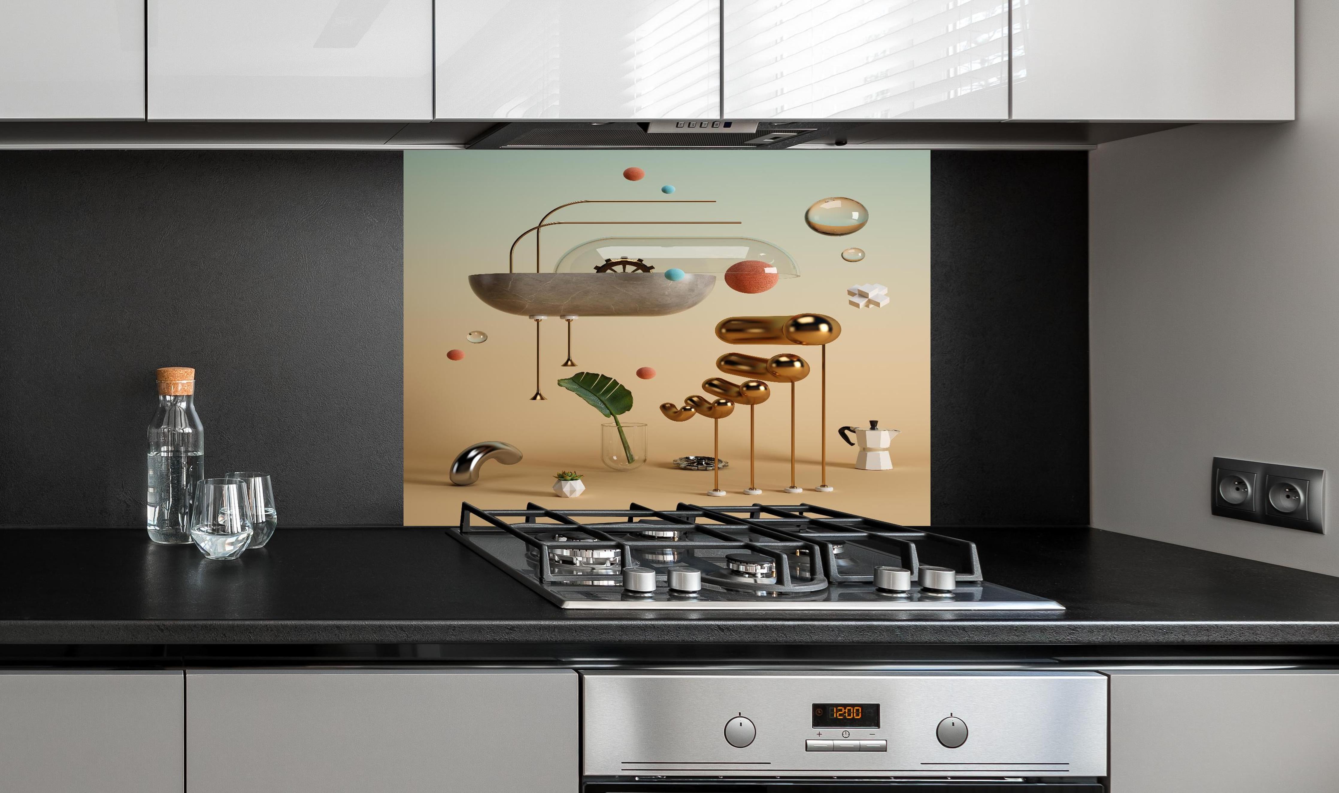 Spritzschutz - Abstraktes Design - Surrealismus hinter einem Cerankochfeld zwischen Holz-Kochutensilien