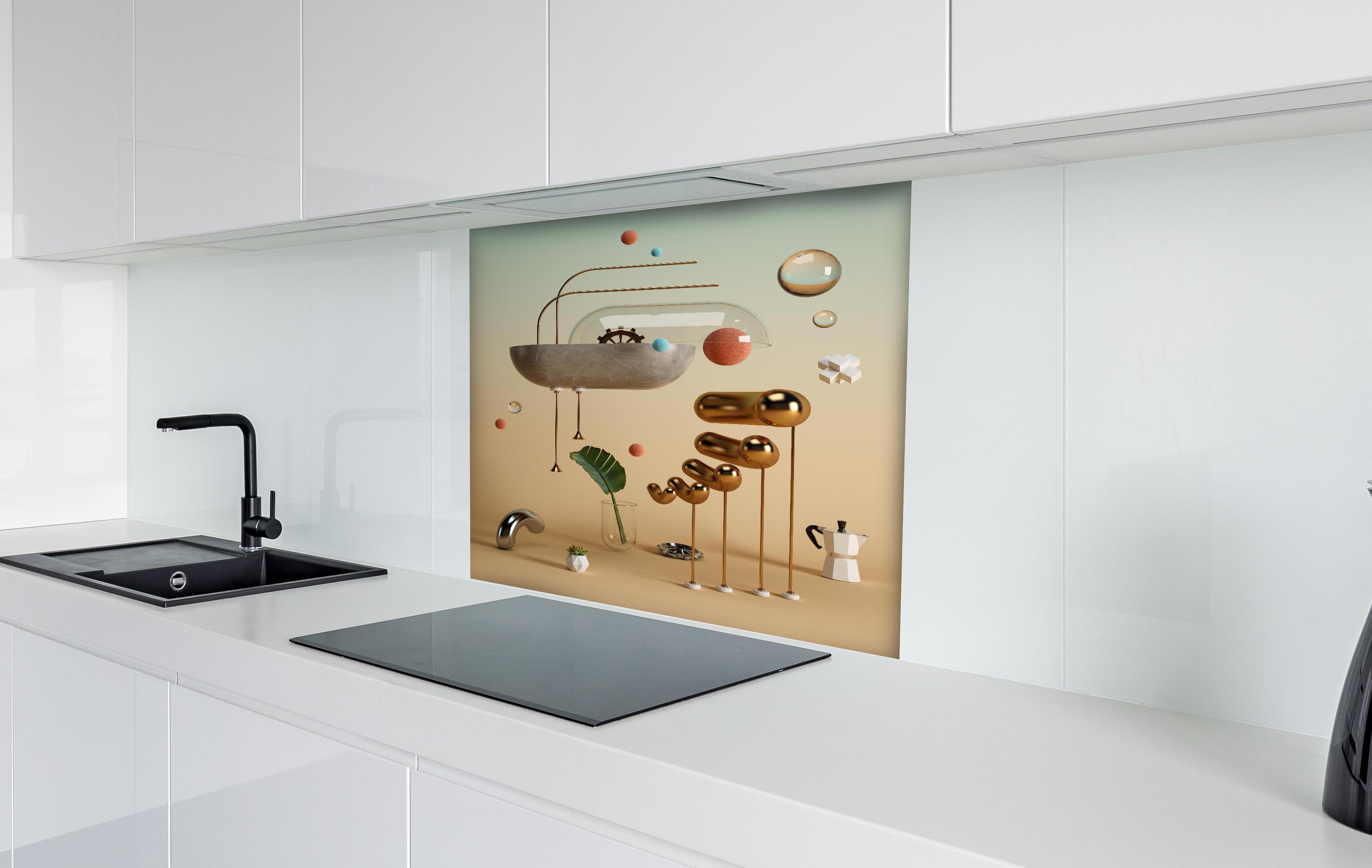 Spritzschutz - Abstraktes Design - Surrealismus hinter einem Cerankochfeld zwischen Holz-Kochutensilien