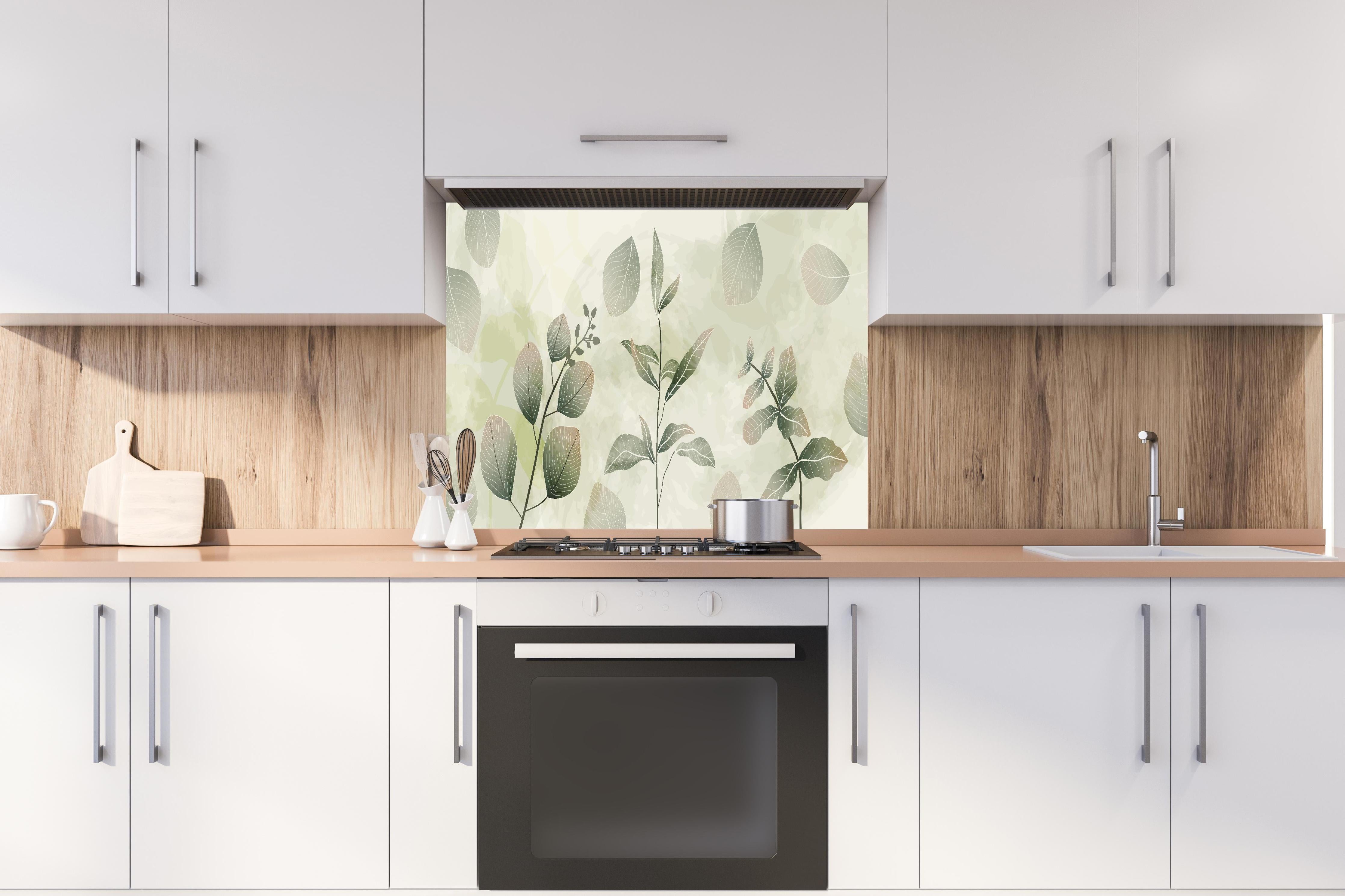 Spritzschutz - Abstraktes Grünpflanzen-Muster Design hinter einem Cerankochfeld zwischen Holz-Kochutensilien