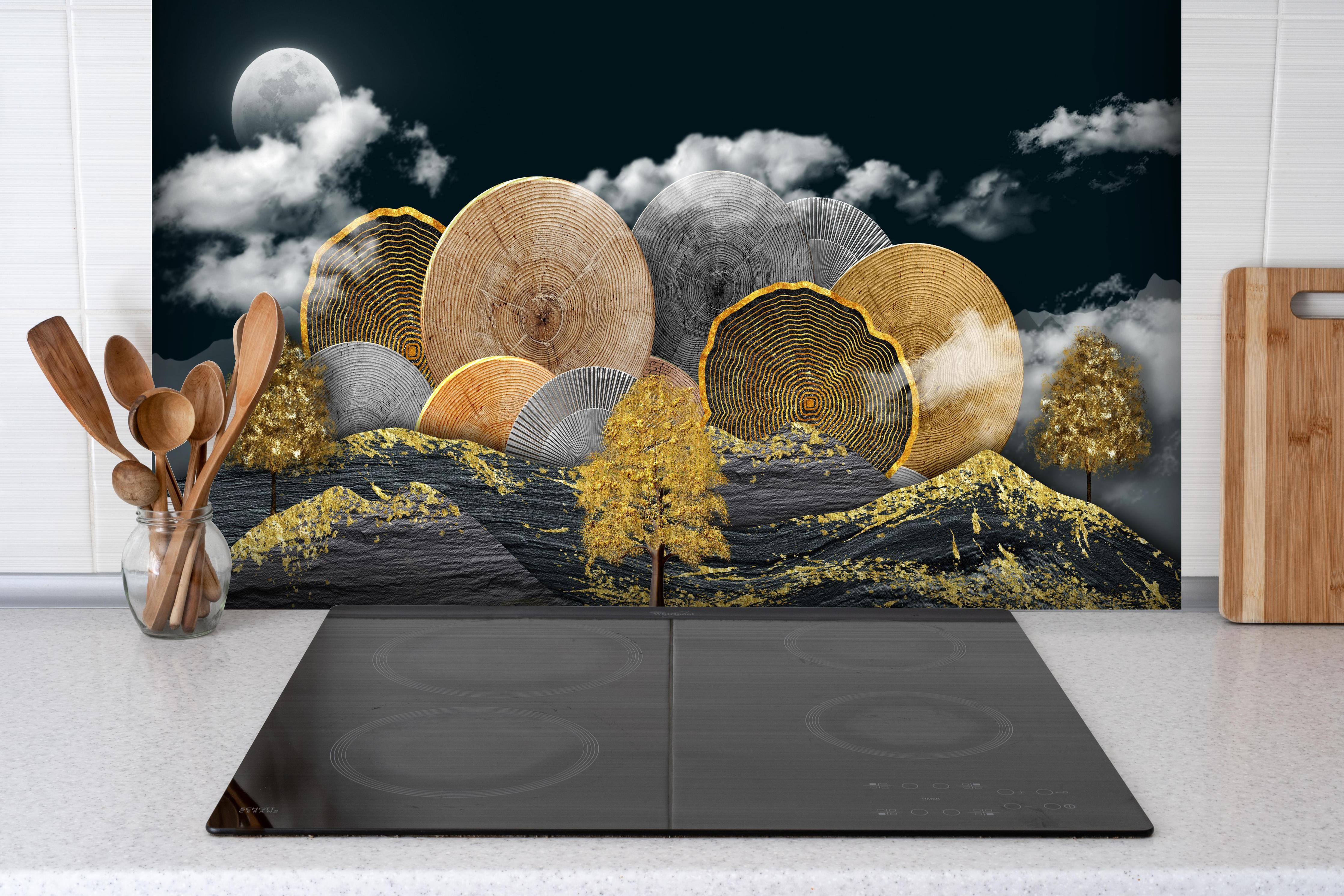 Spritzschutz - Abstraktes Landschaftsmuster - Nächtlich hinter einem Cerankochfeld zwischen Holz-Kochutensilien