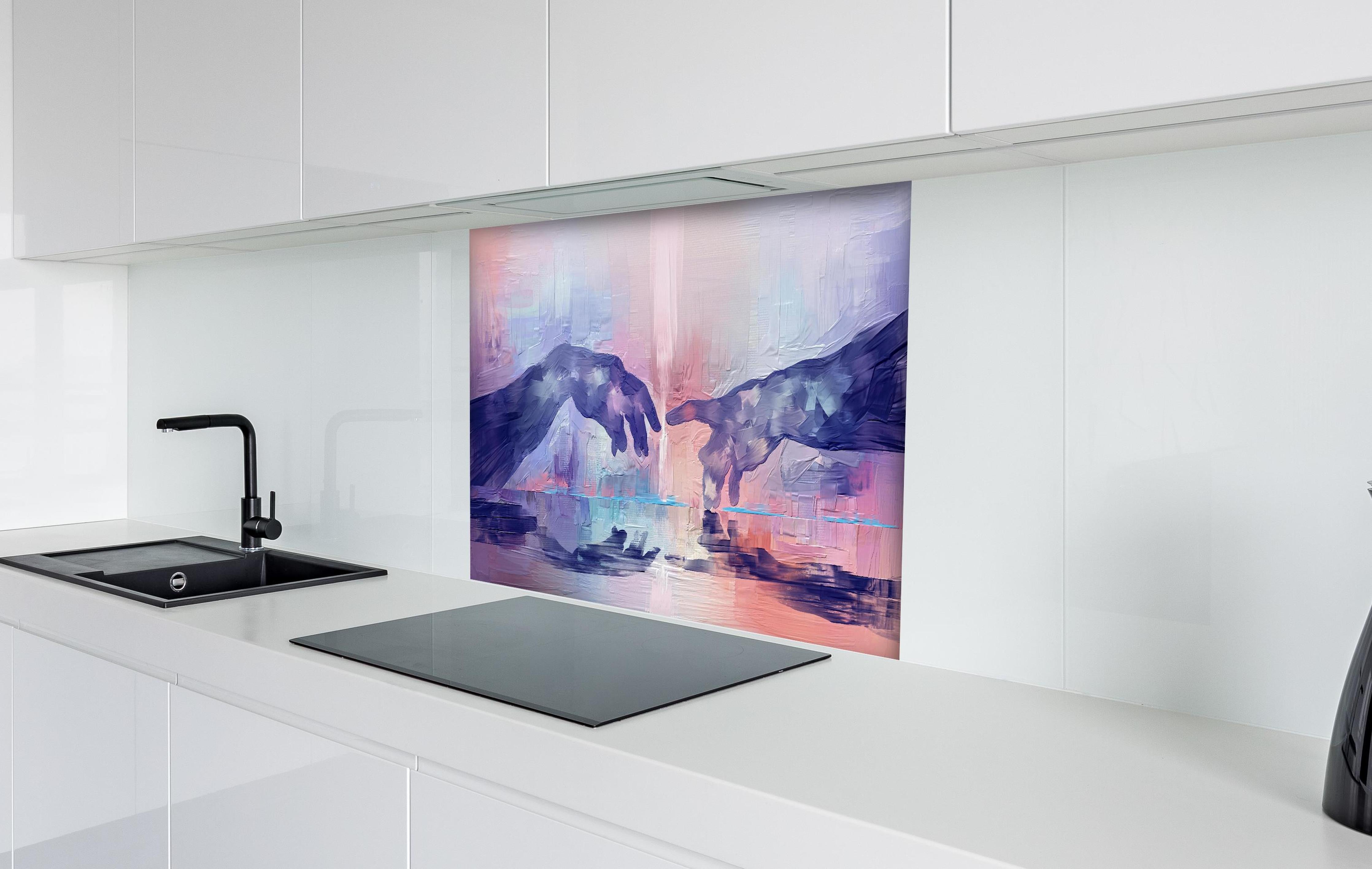 Spritzschutz - Acryl Malerei - Zwei Hände hinter einem Cerankochfeld zwischen Holz-Kochutensilien