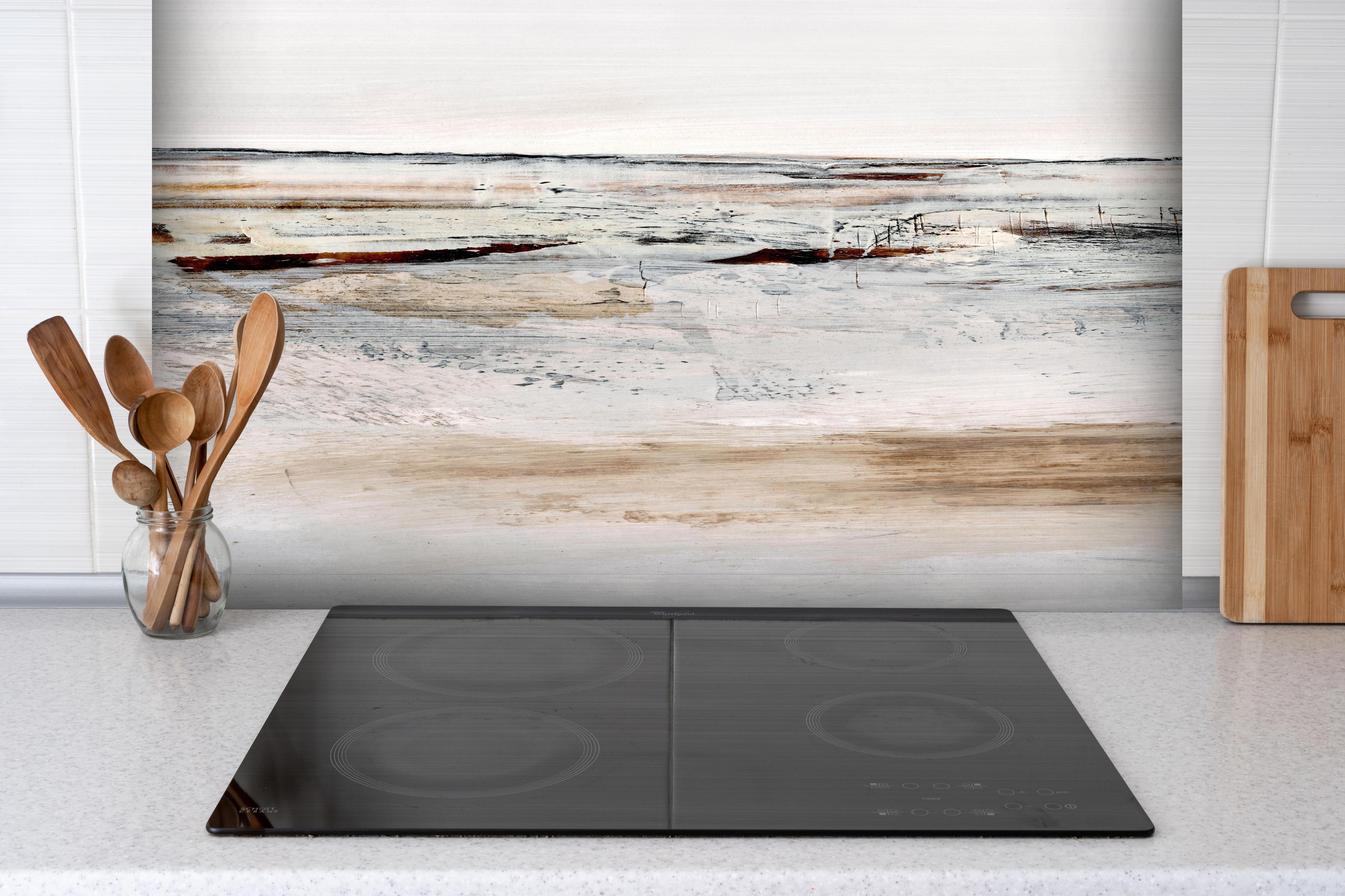 Spritzschutz - Acryl Zeichnung - Abstrakt hinter einem Cerankochfeld zwischen Holz-Kochutensilien