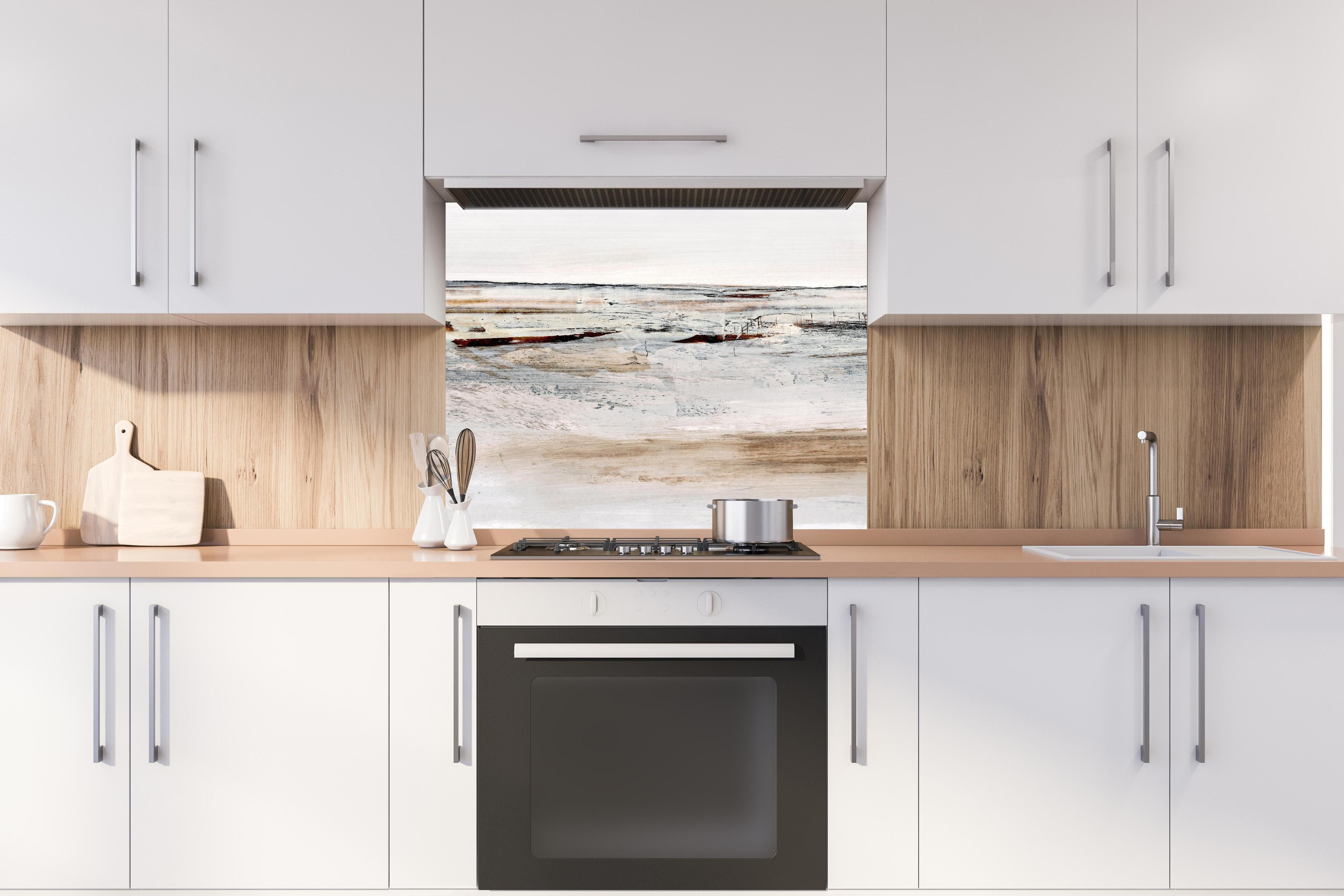 Spritzschutz - Acryl Zeichnung - Abstrakt hinter einem Cerankochfeld zwischen Holz-Kochutensilien