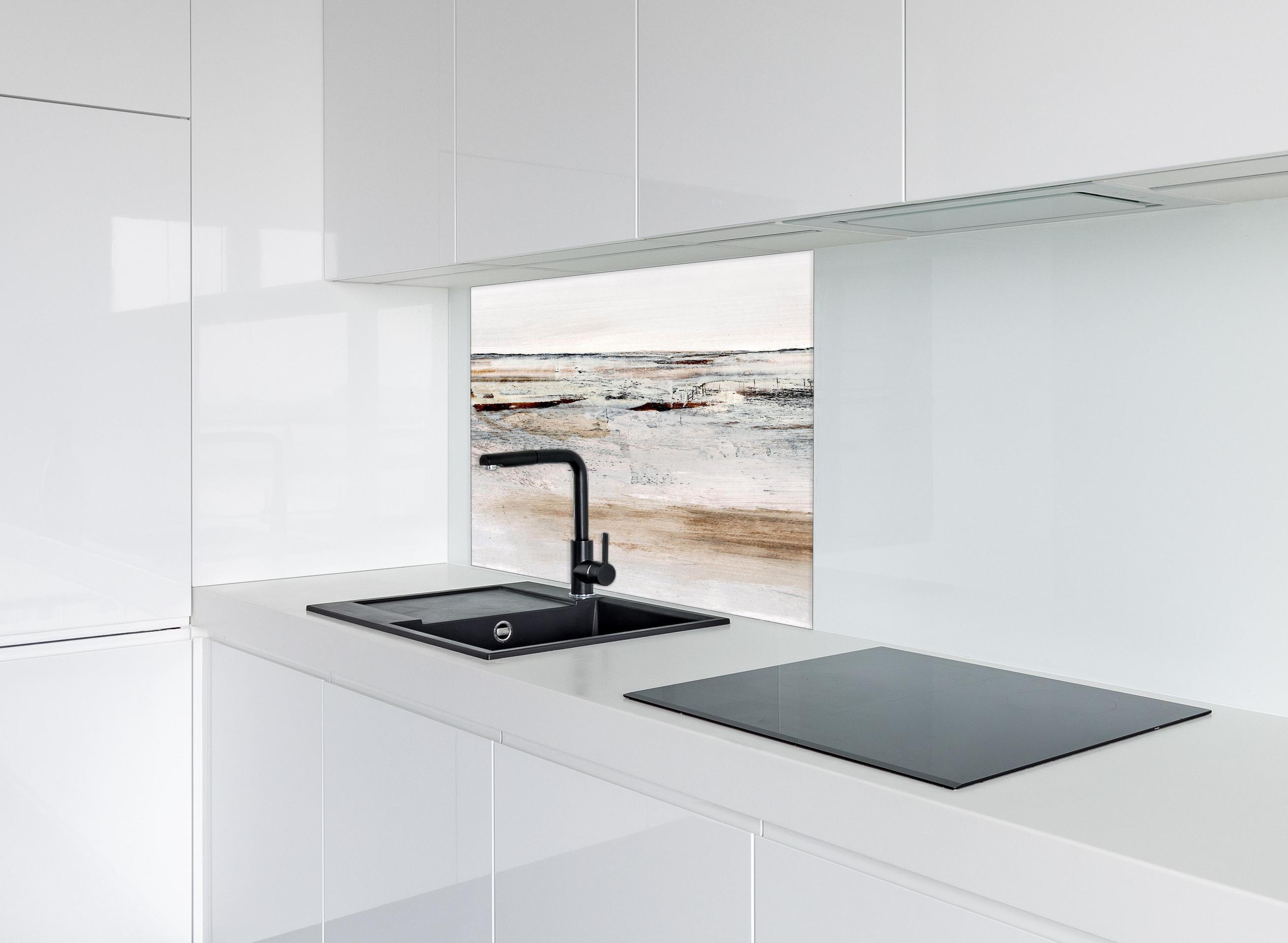 Spritzschutz - Acryl Zeichnung - Abstrakt hinter einem Cerankochfeld zwischen Holz-Kochutensilien