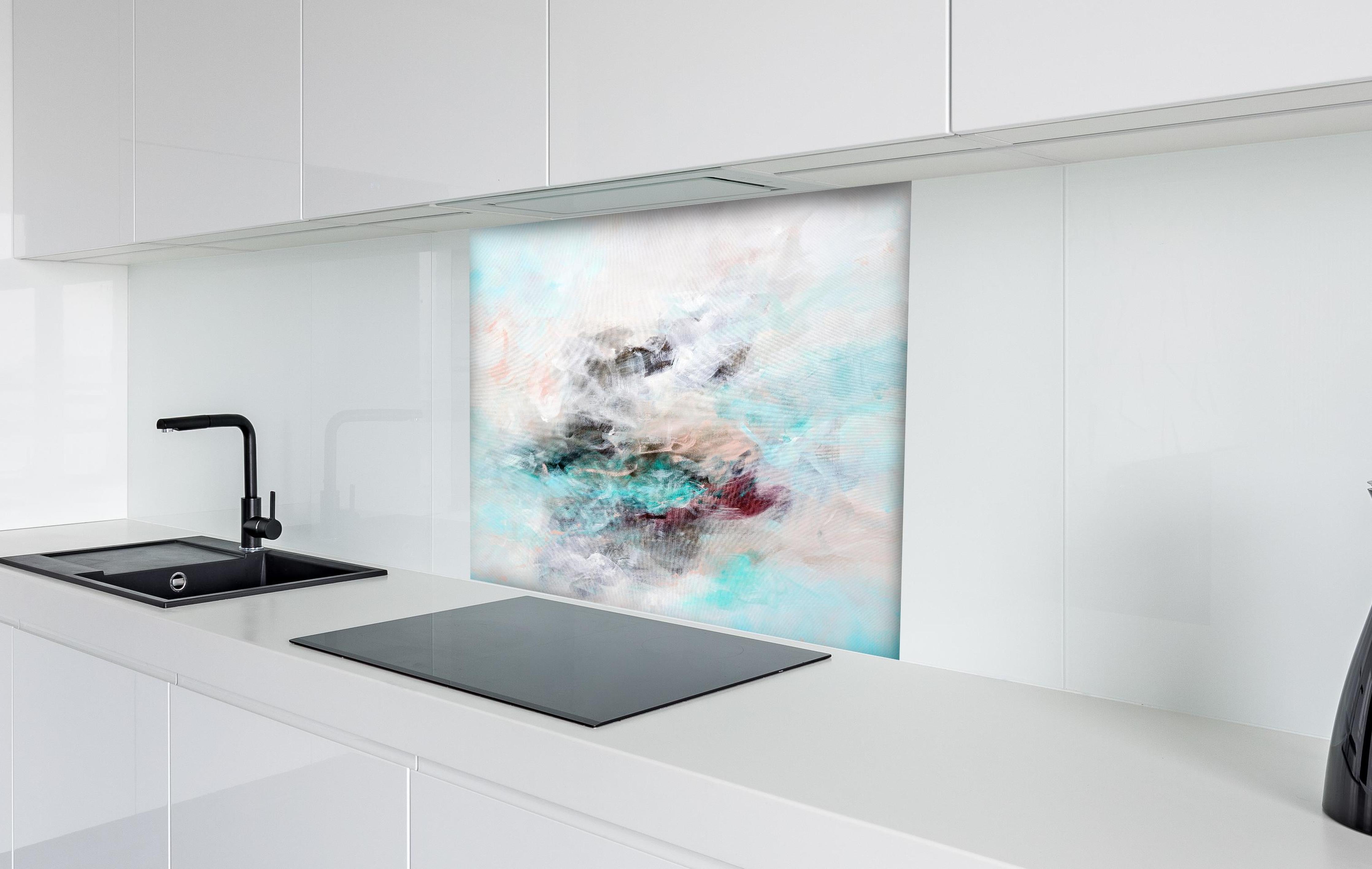 Spritzschutz - Acryl Zeichnung - Gemälde hinter einem Cerankochfeld zwischen Holz-Kochutensilien