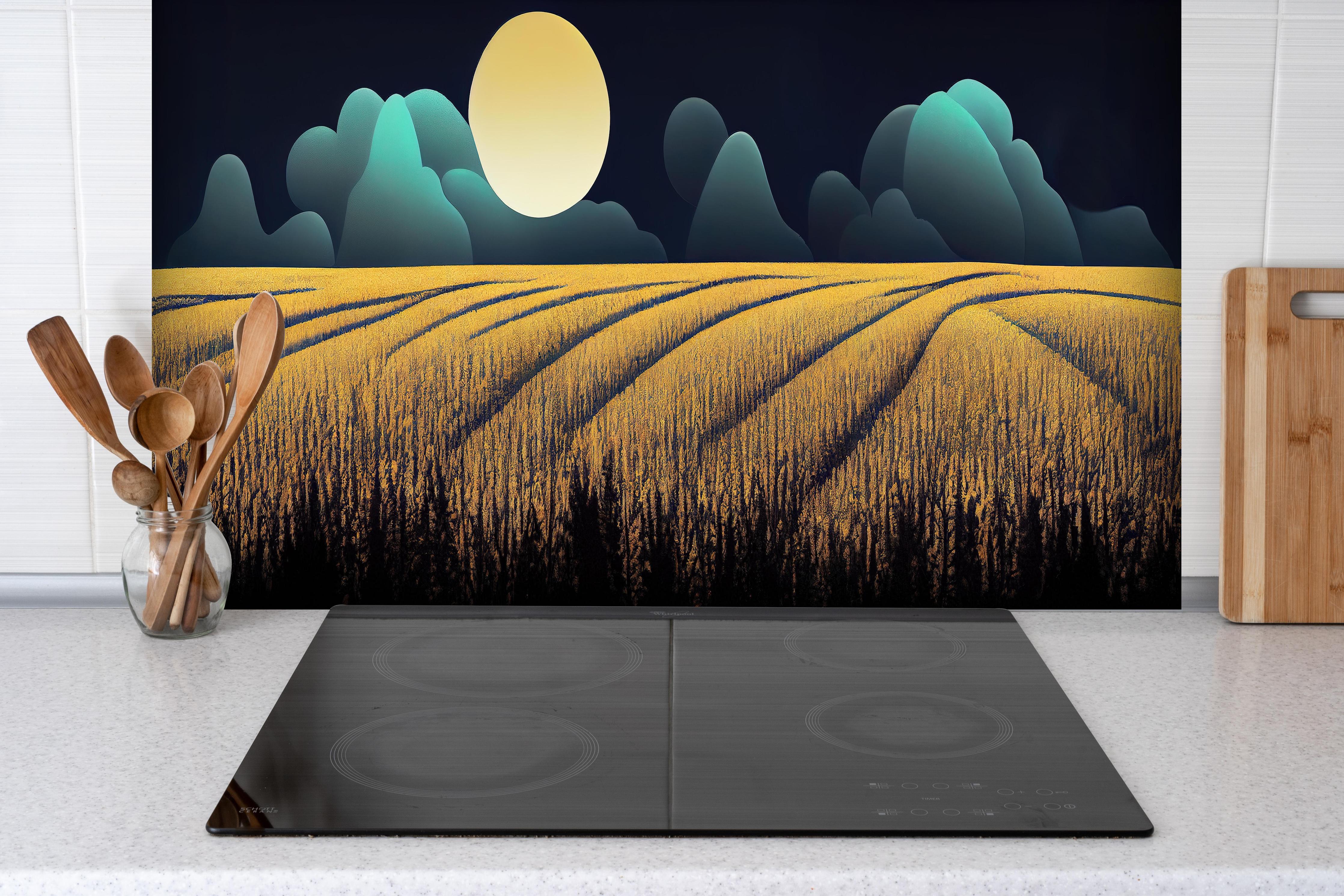 Spritzschutz - Agrarfeld bei Nacht mit Mond Wallpaper hinter einem Cerankochfeld zwischen Holz-Kochutensilien