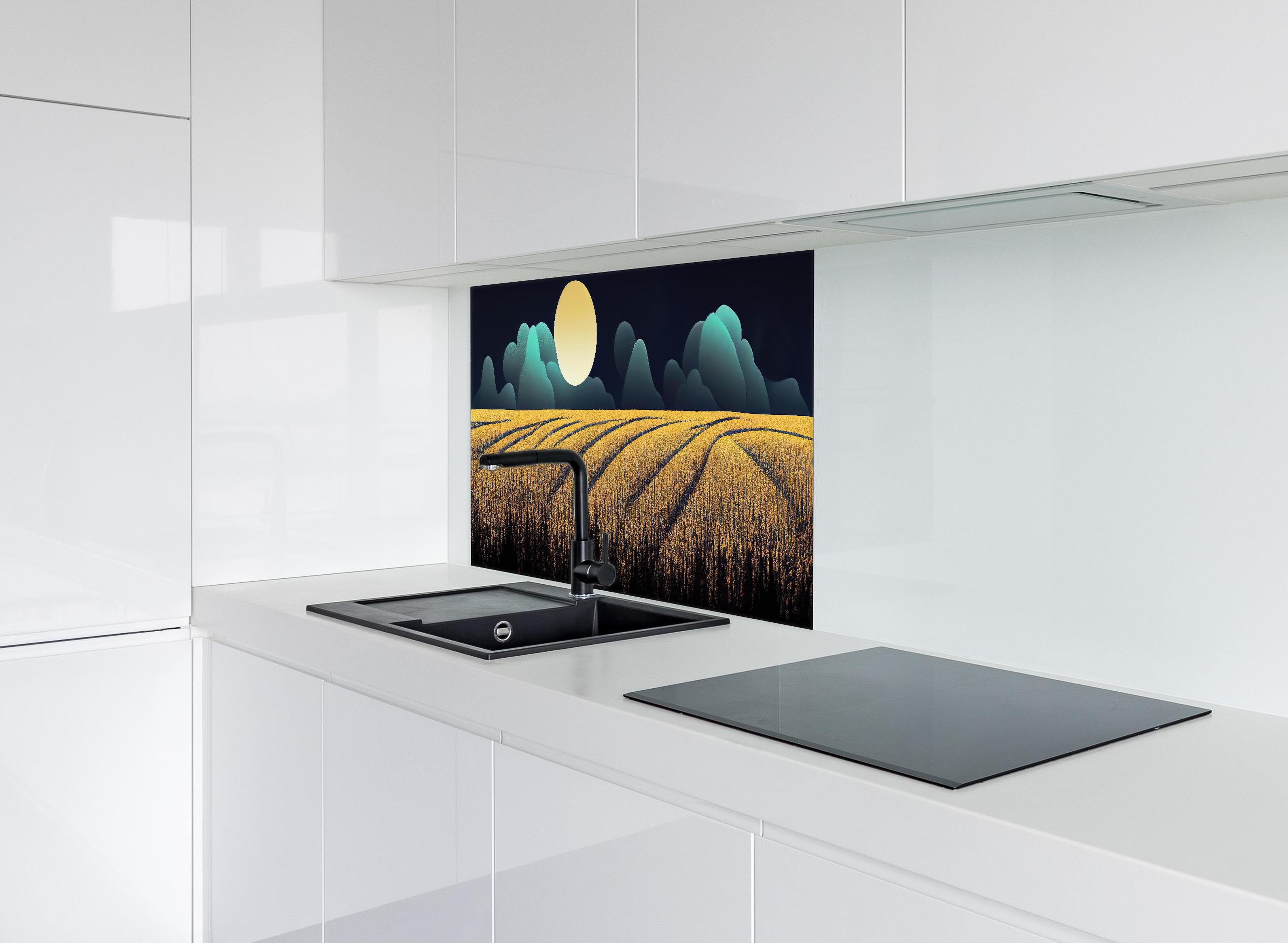 Spritzschutz - Agrarfeld bei Nacht mit Mond Wallpaper hinter einem Cerankochfeld zwischen Holz-Kochutensilien