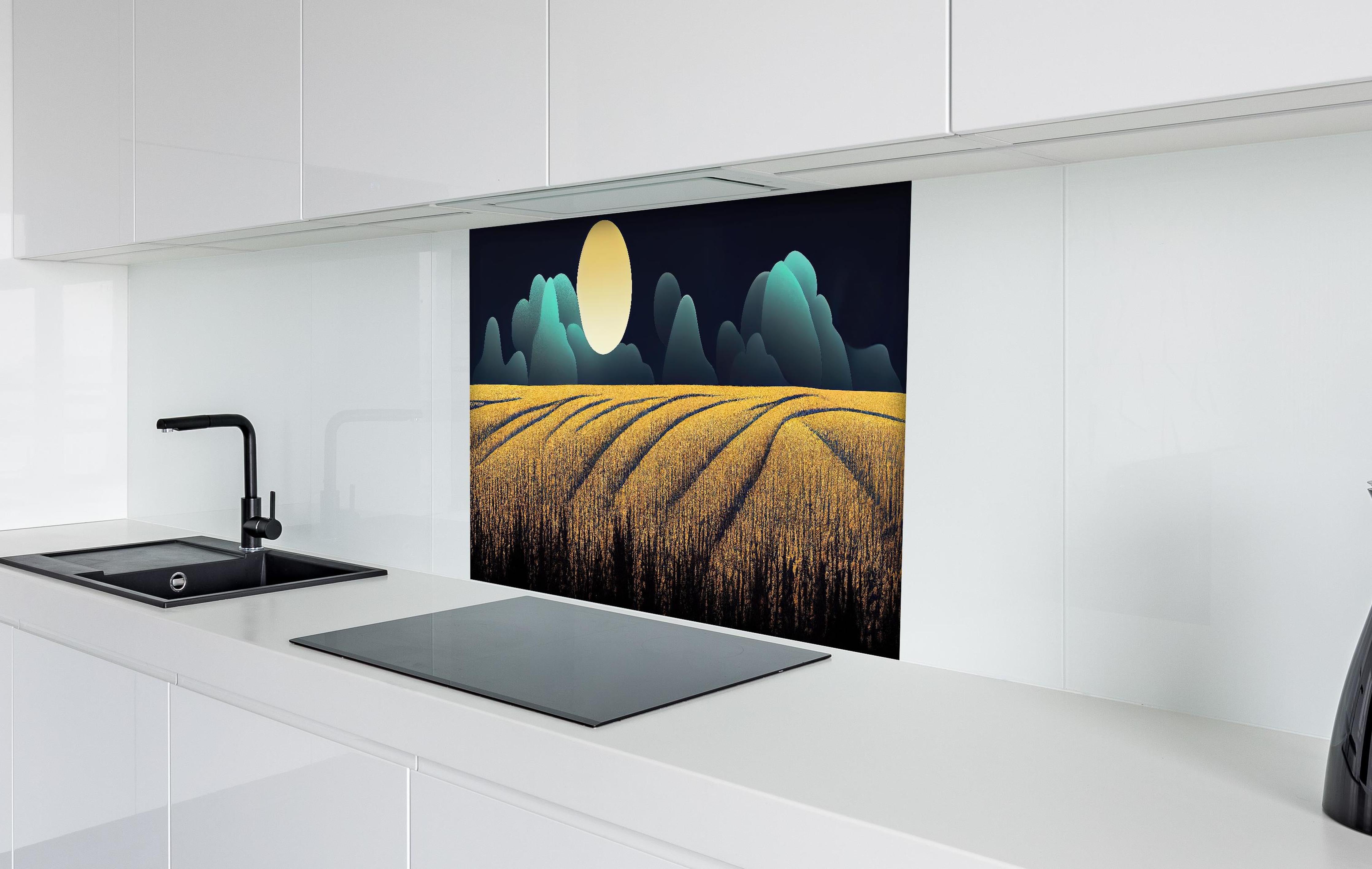 Spritzschutz - Agrarfeld bei Nacht mit Mond Wallpaper hinter einem Cerankochfeld zwischen Holz-Kochutensilien