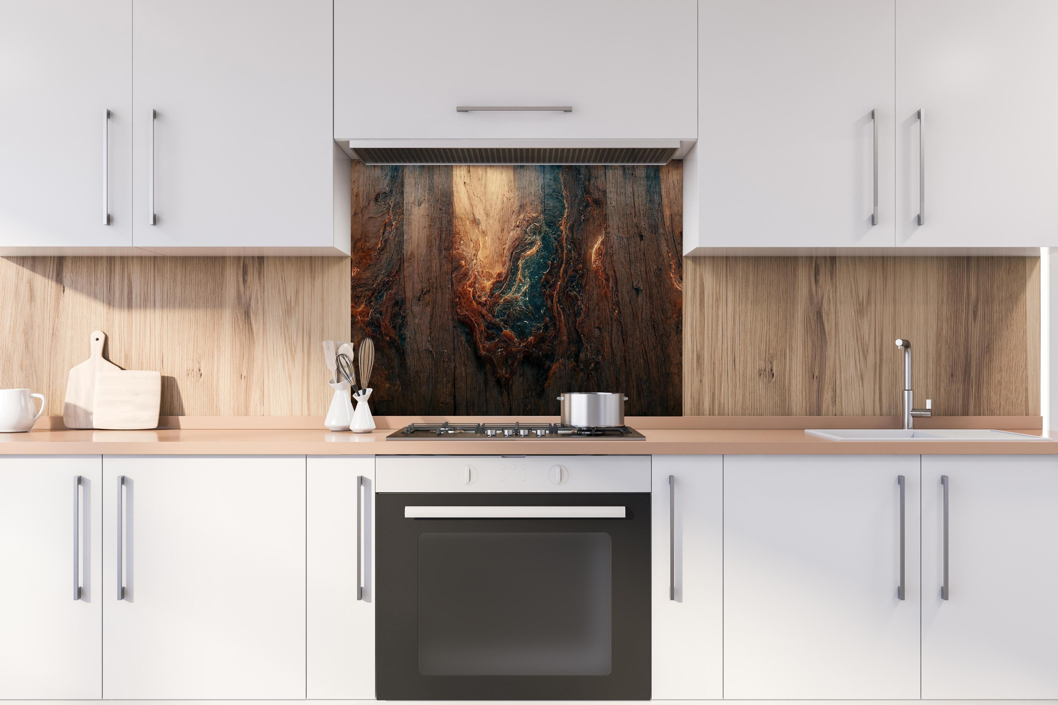 Spritzschutz - Alter Holzhintergrund mit blauem Harz hinter einem Cerankochfeld zwischen Holz-Kochutensilien