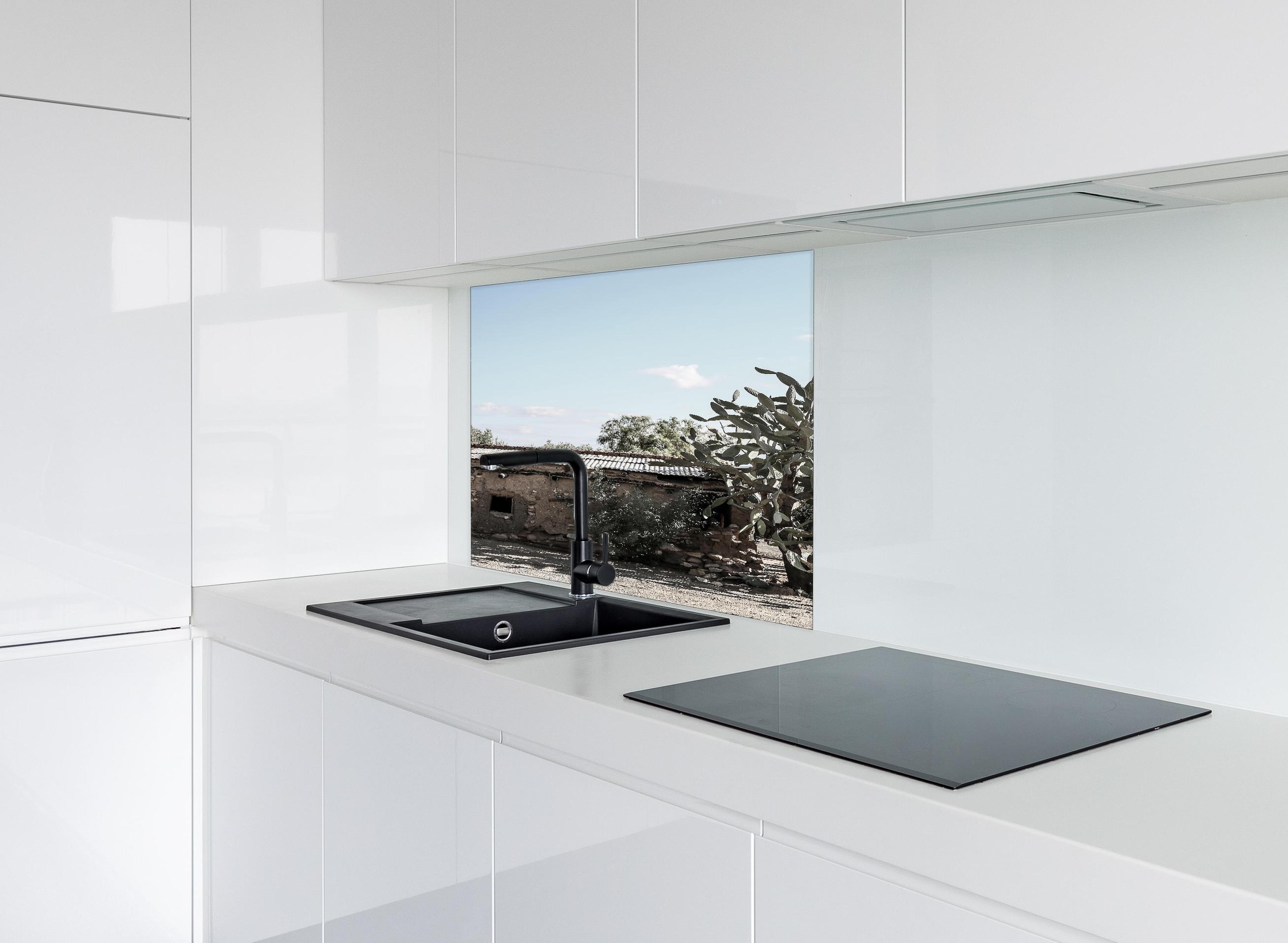 Spritzschutz - Altes Wüstenhaus mit Kakteenschatten hinter einem Cerankochfeld zwischen Holz-Kochutensilien