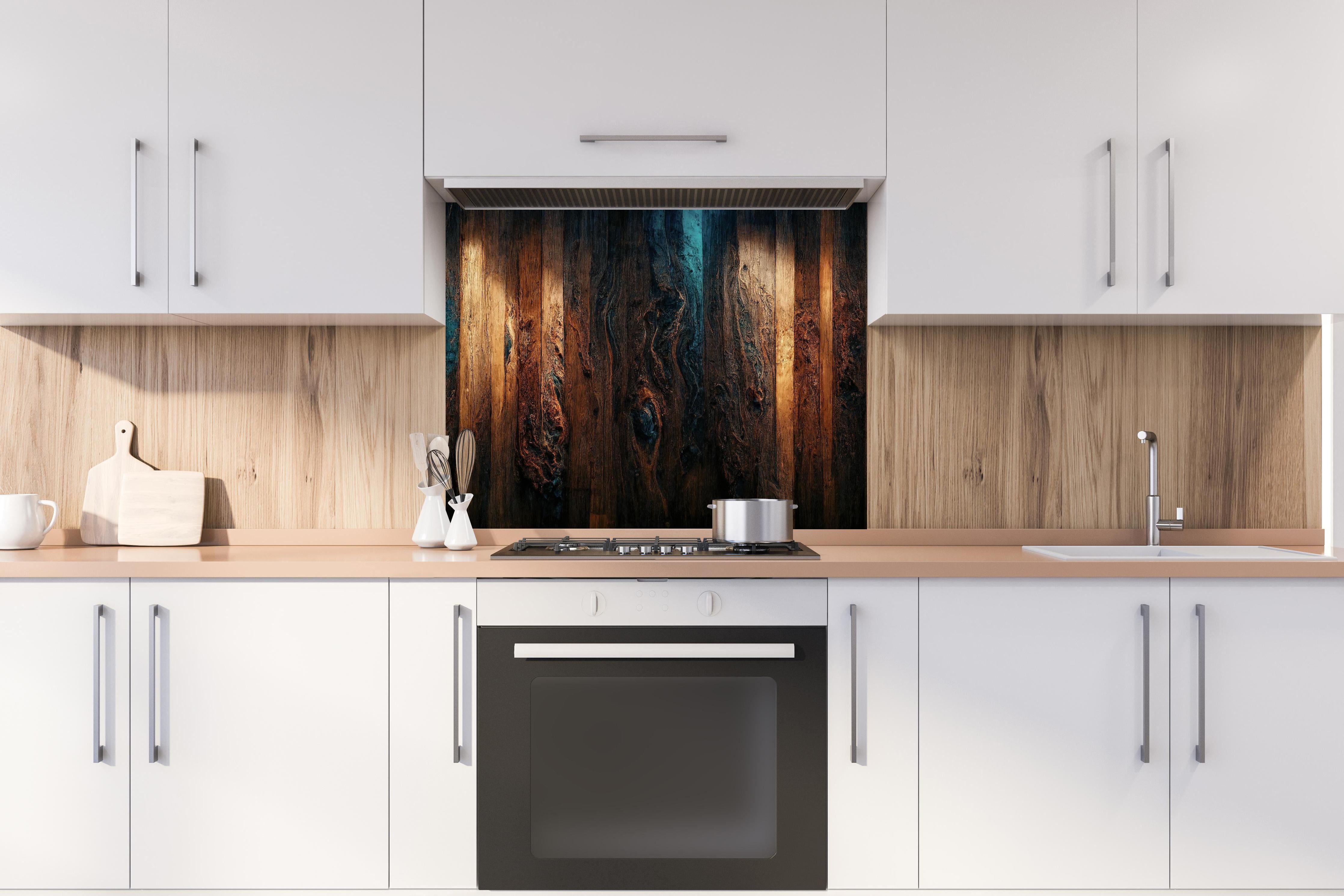 Spritzschutz - Altholz Tischplatte mit blauem Epoxy hinter einem Cerankochfeld zwischen Holz-Kochutensilien