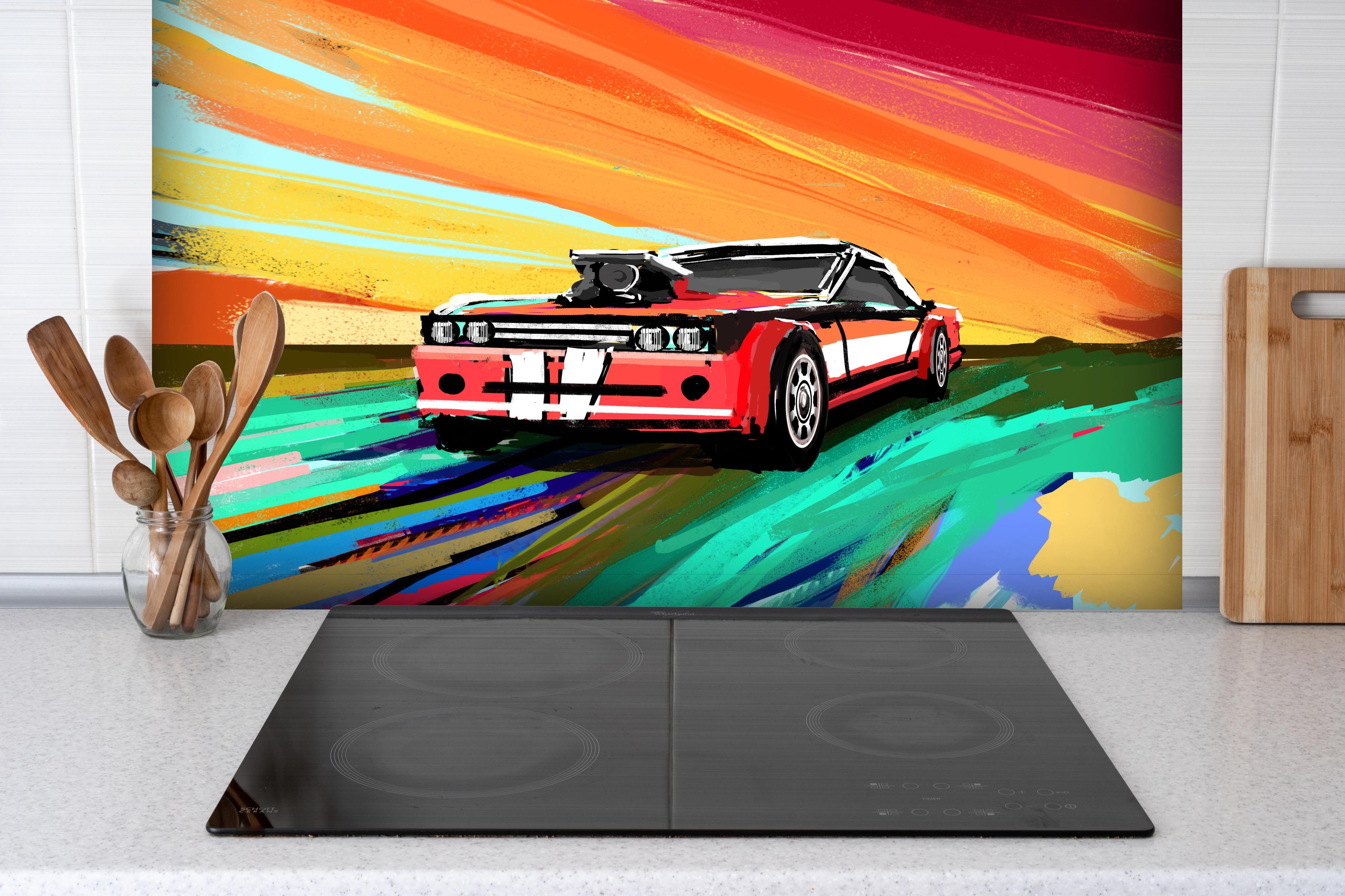 Spritzschutz - Amerikanisches 70er-Jahre-Muscle-Car Gemälde hinter einem Cerankochfeld zwischen Holz-Kochutensilien