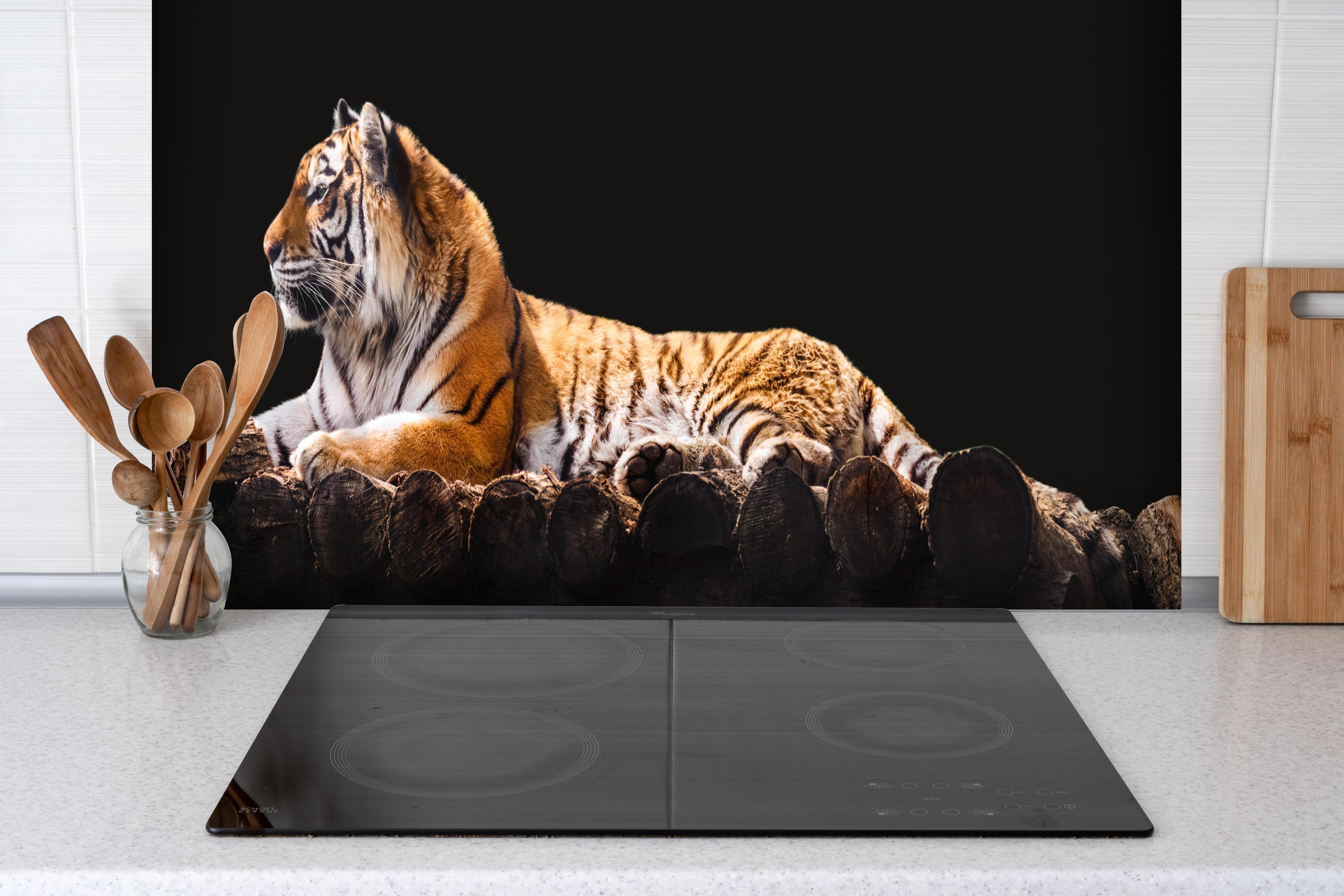 Spritzschutz - Amurtiger liegend auf Holzdeck mit Schwarzem Hintergrund hinter einem Cerankochfeld zwischen Holz-Kochutensilien