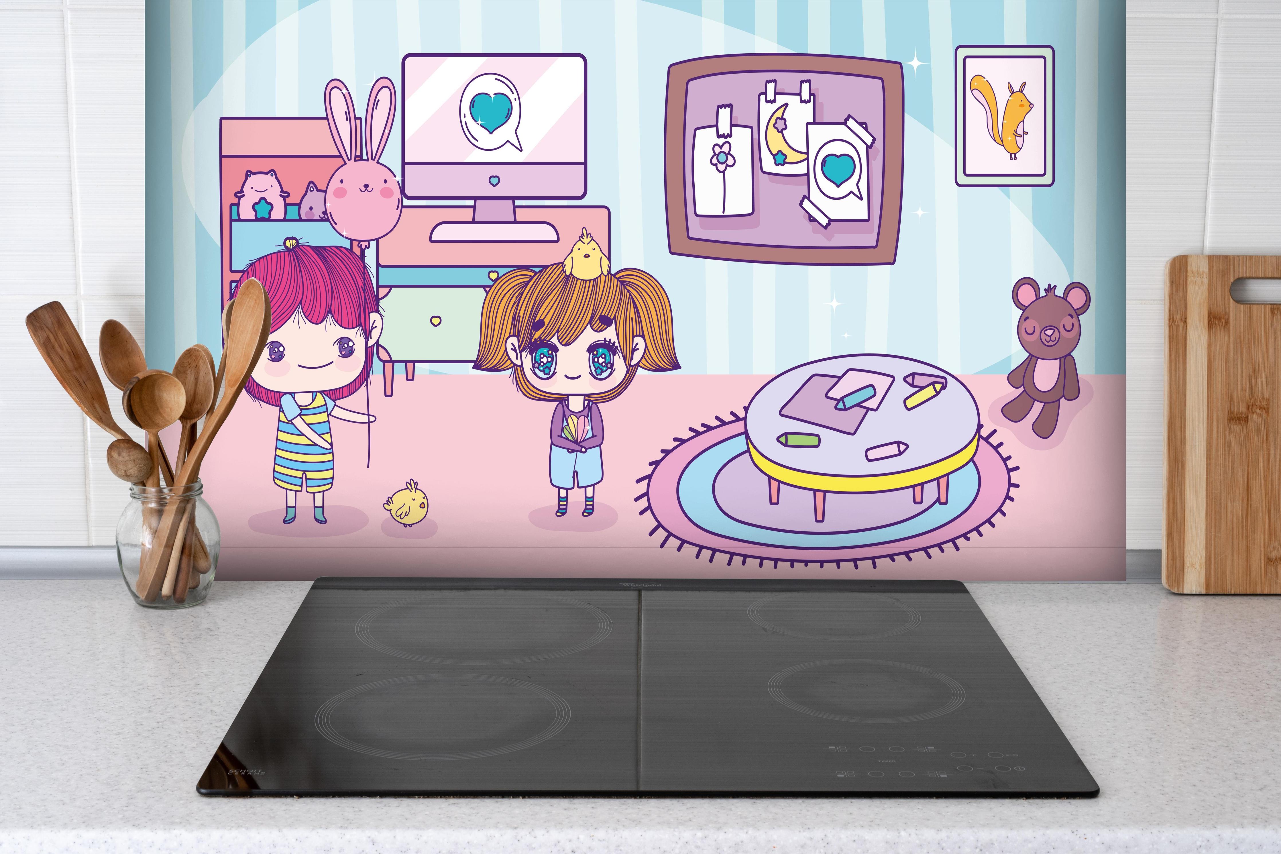 Spritzschutz - Anime Kinder mit Teddy und Computer hinter einem Cerankochfeld zwischen Holz-Kochutensilien