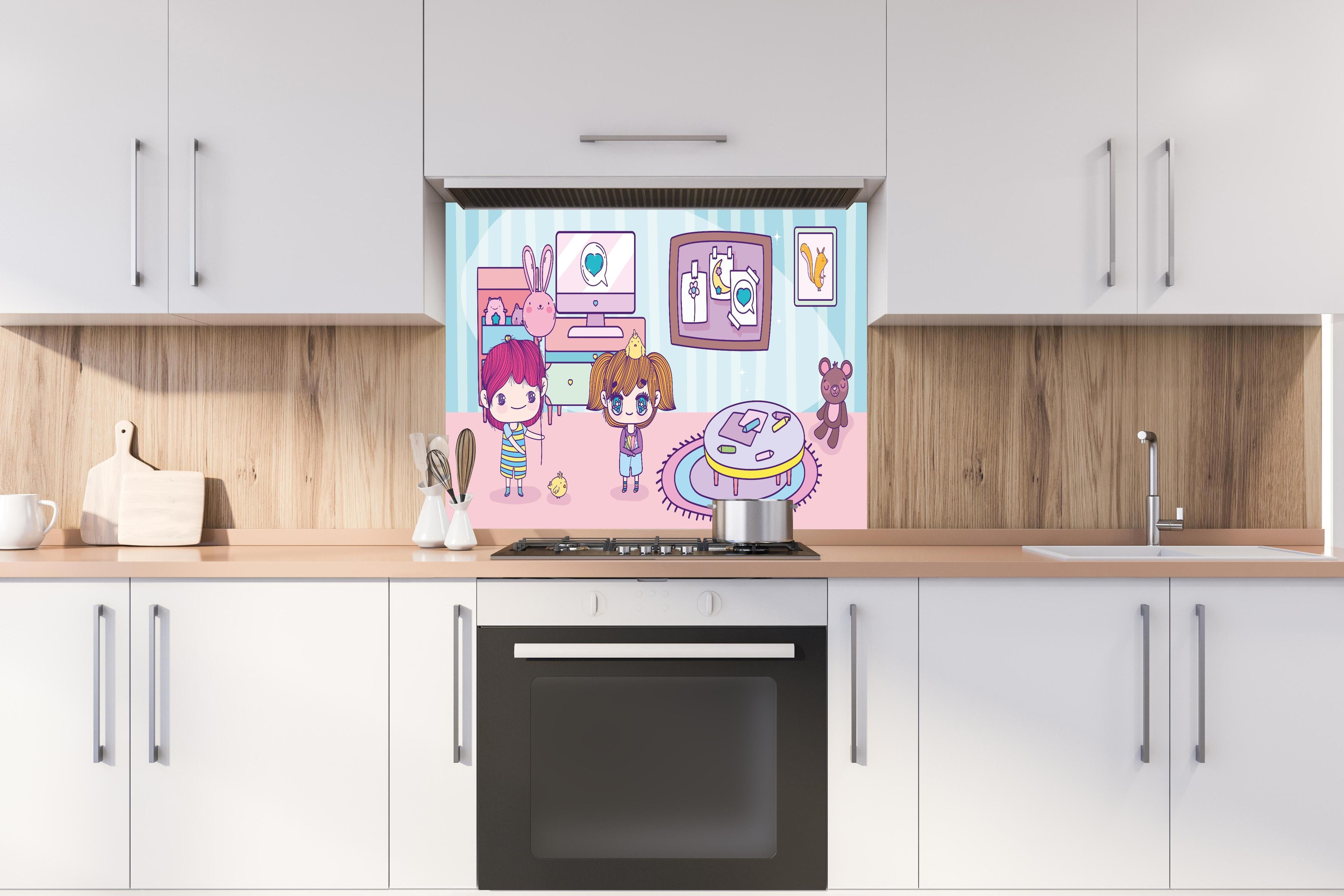 Spritzschutz - Anime Kinder mit Teddy und Computer hinter einem Cerankochfeld zwischen Holz-Kochutensilien