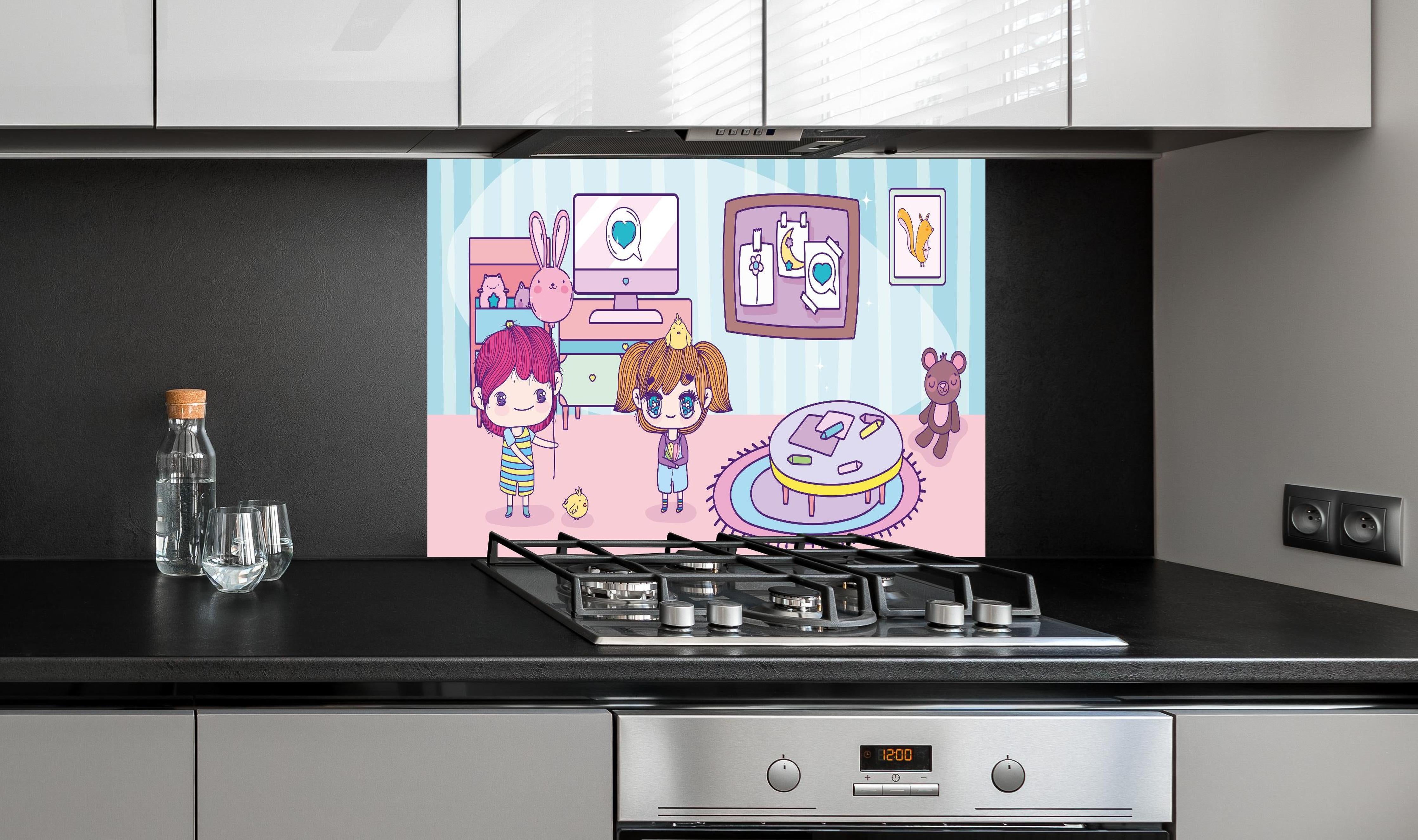 Spritzschutz - Anime Kinder mit Teddy und Computer hinter einem Cerankochfeld zwischen Holz-Kochutensilien