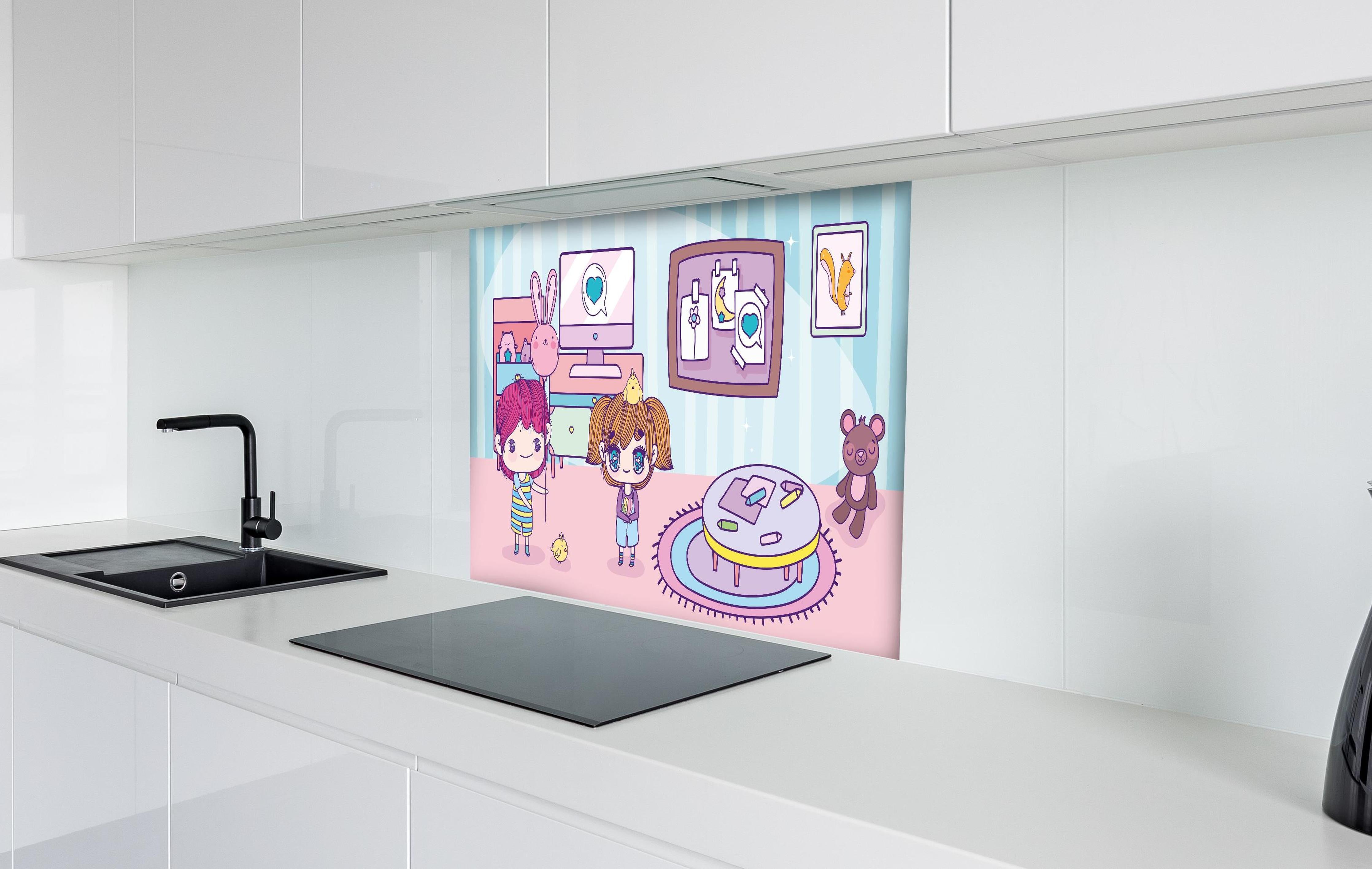 Spritzschutz - Anime Kinder mit Teddy und Computer hinter einem Cerankochfeld zwischen Holz-Kochutensilien