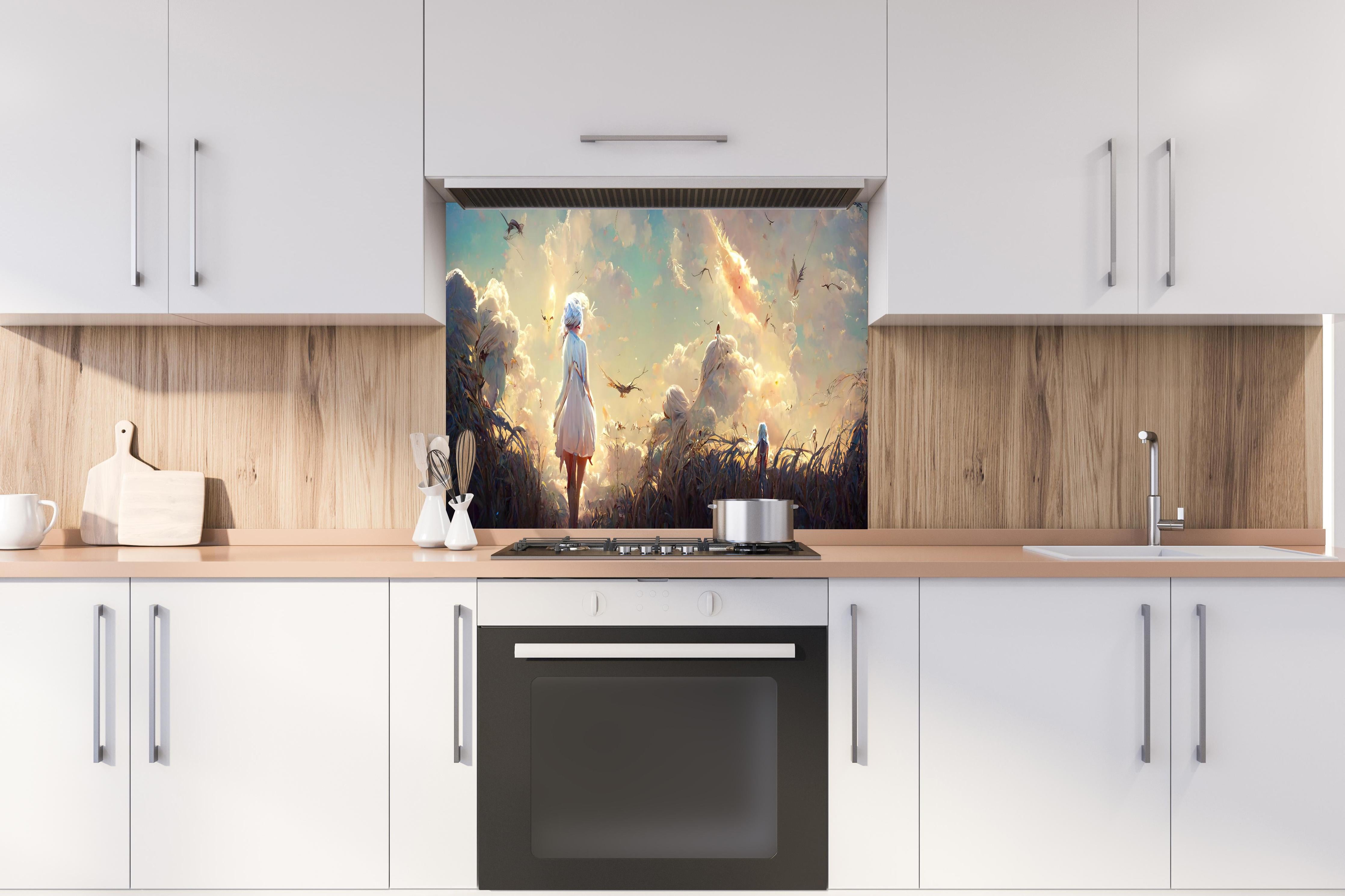 Spritzschutz - Animierte Figuren bei Sonnenuntergang hinter einem Cerankochfeld zwischen Holz-Kochutensilien