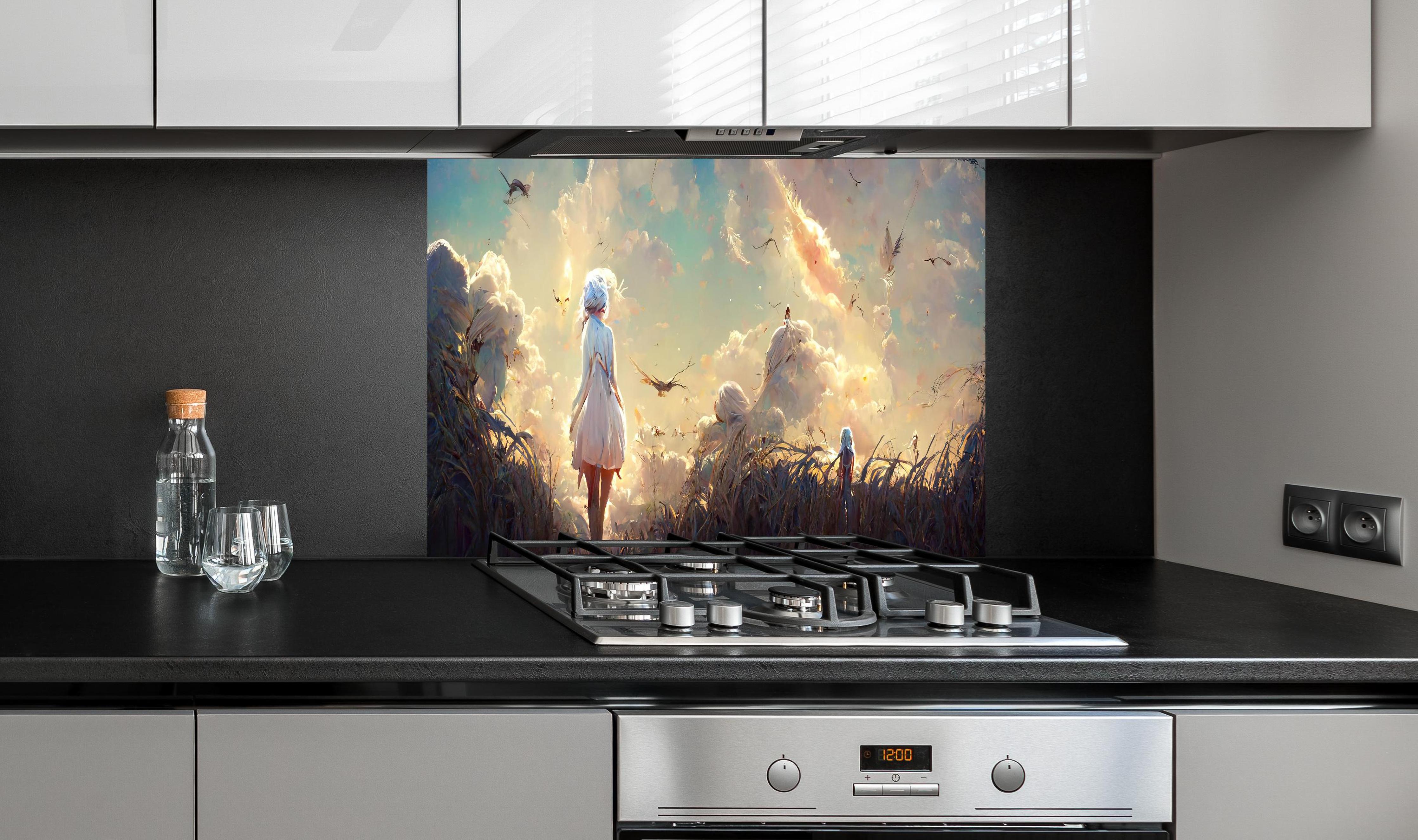 Spritzschutz - Animierte Figuren bei Sonnenuntergang hinter einem Cerankochfeld zwischen Holz-Kochutensilien