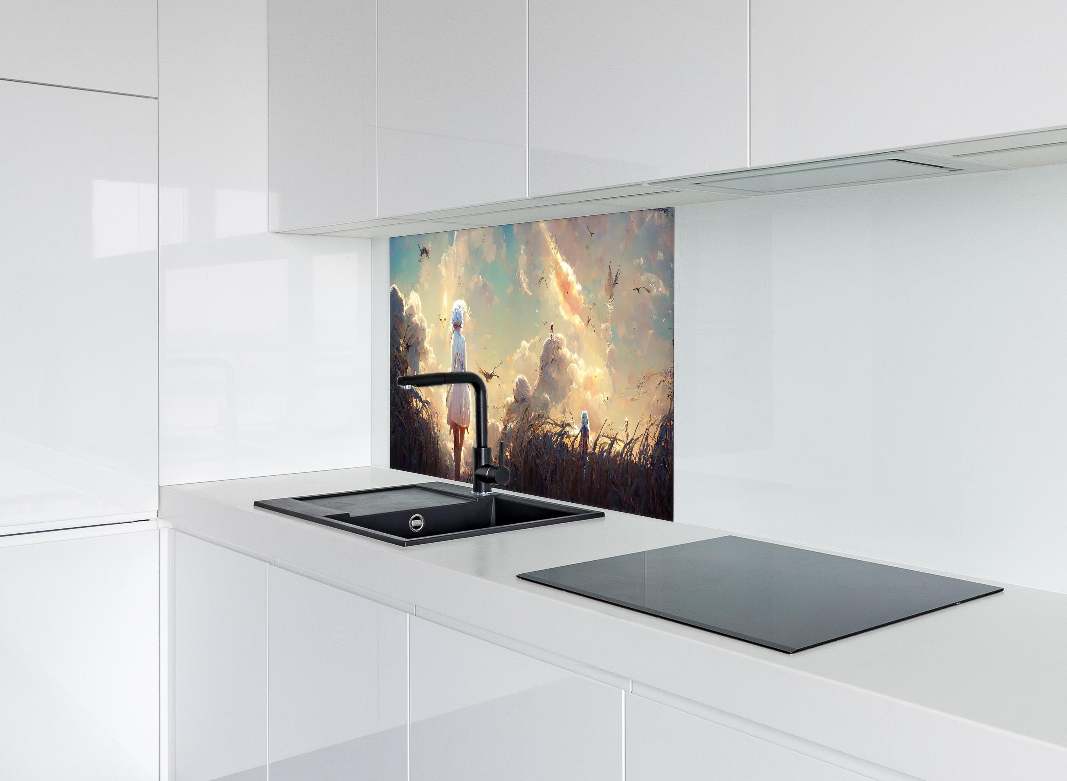 Spritzschutz - Animierte Figuren bei Sonnenuntergang hinter einem Cerankochfeld zwischen Holz-Kochutensilien