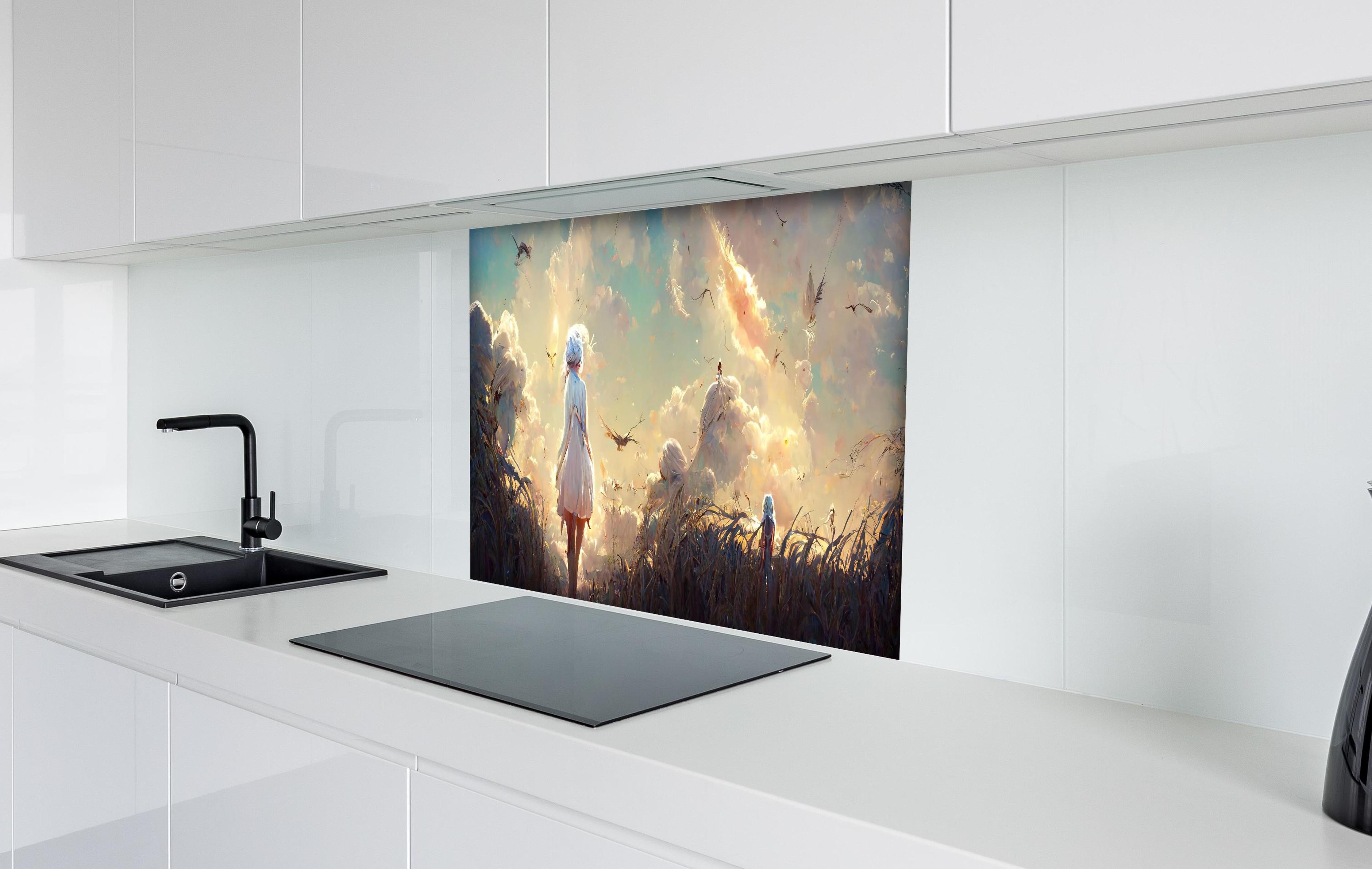 Spritzschutz - Animierte Figuren bei Sonnenuntergang hinter einem Cerankochfeld zwischen Holz-Kochutensilien