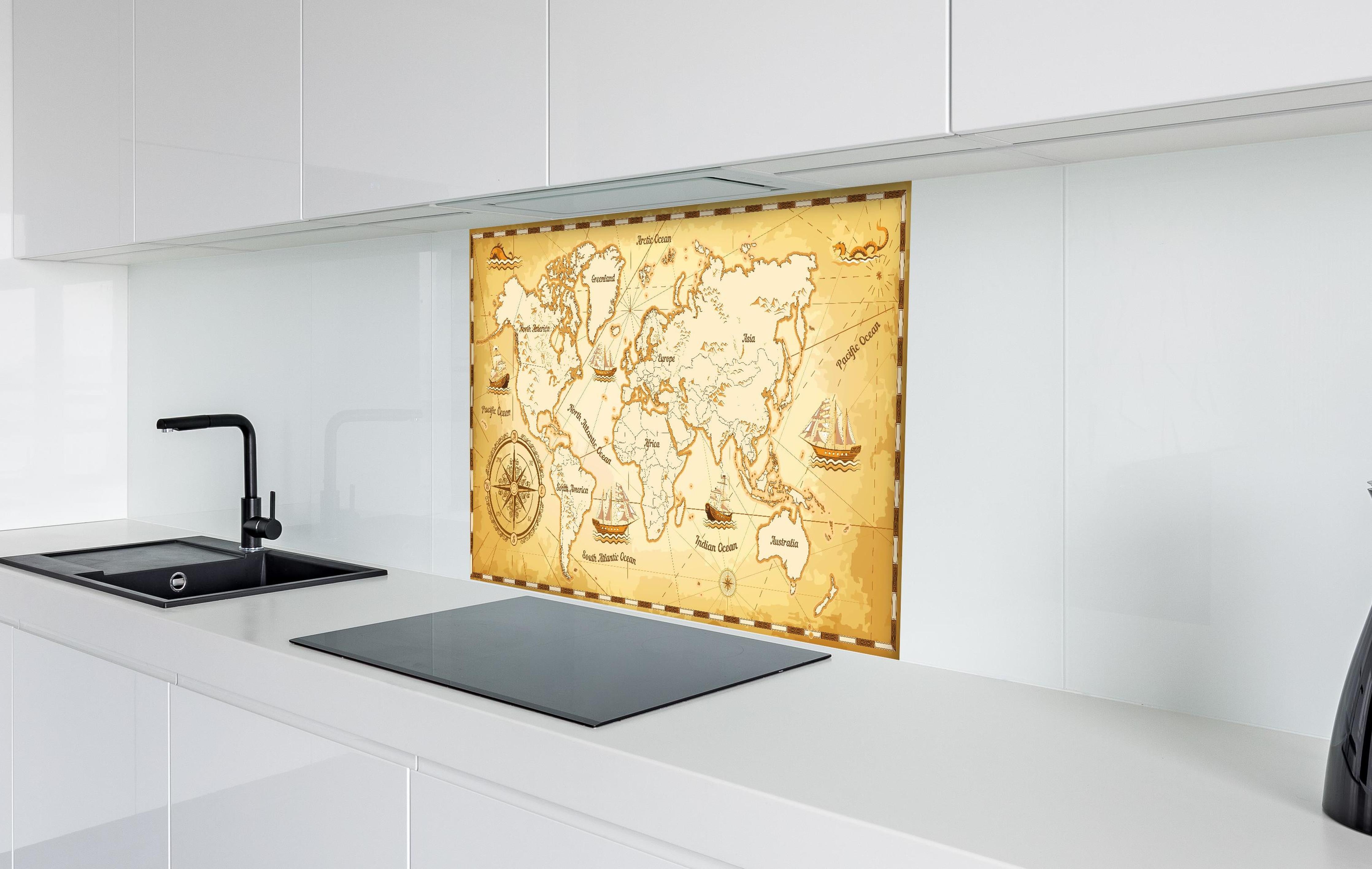 Spritzschutz - Antike Weltkarte im Sepia-Look Poster hinter einem Cerankochfeld zwischen Holz-Kochutensilien