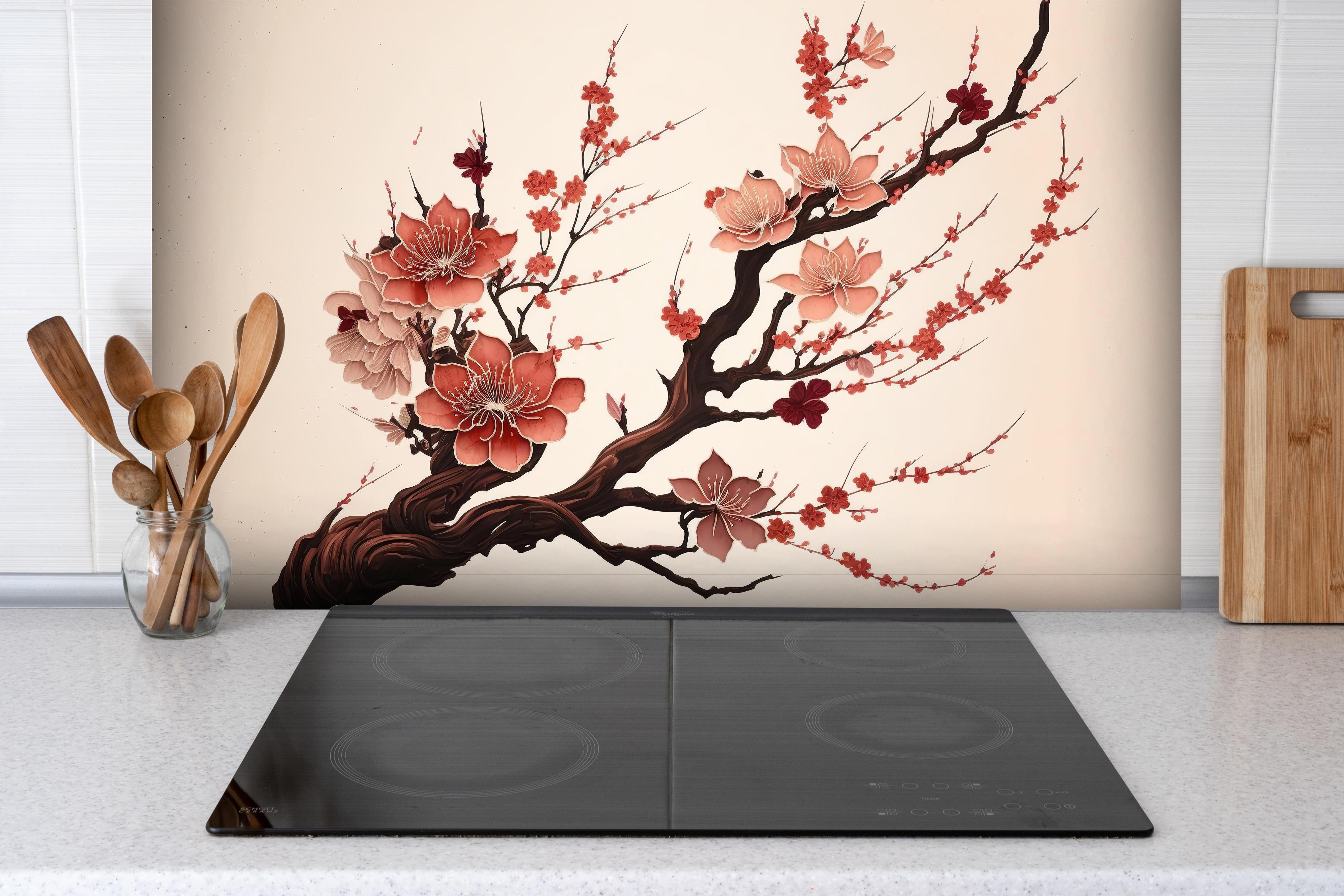 Spritzschutz - Aquarell Kirschblütenzweig Sakura hinter einem Cerankochfeld zwischen Holz-Kochutensilien
