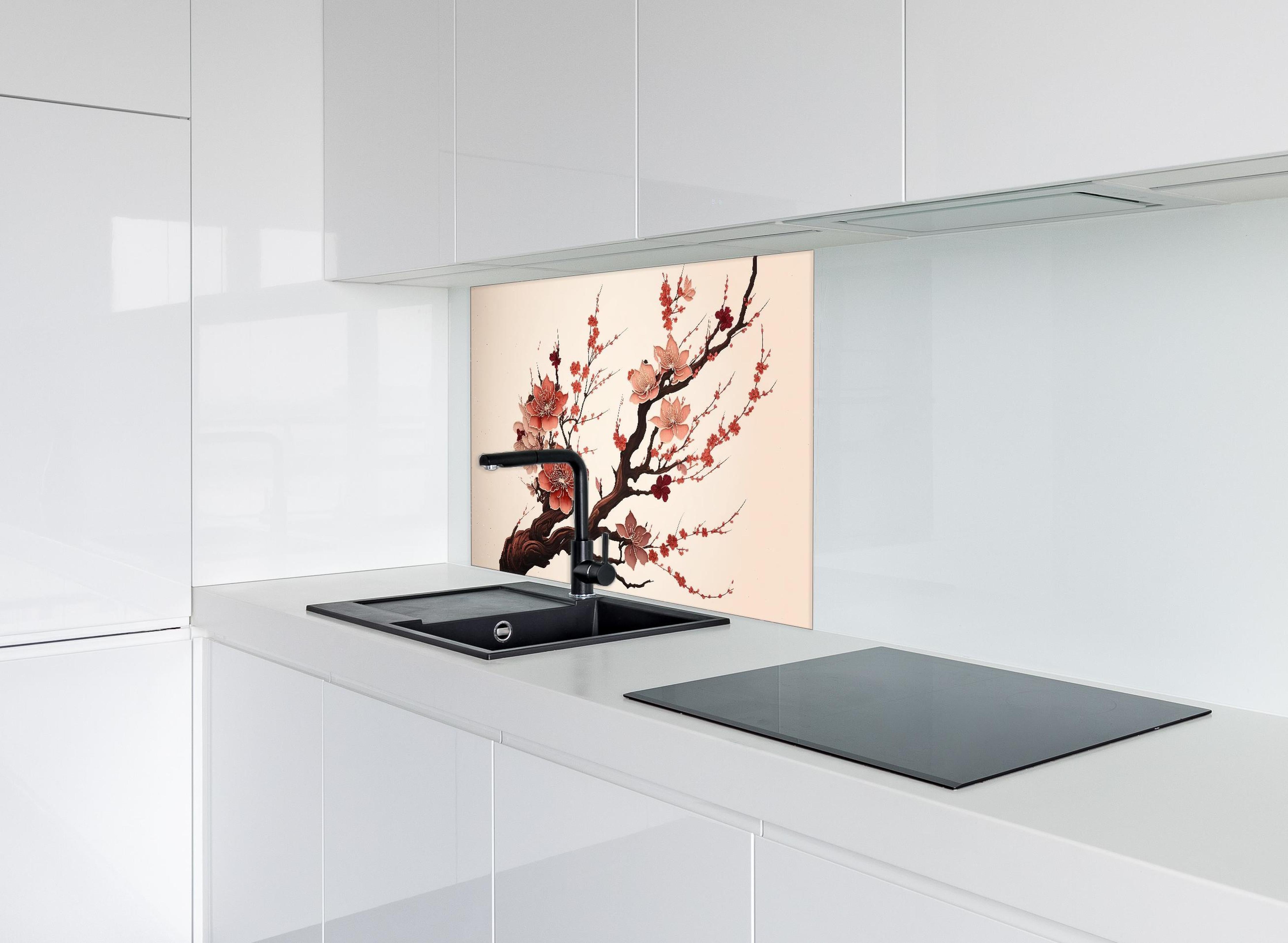 Spritzschutz - Aquarell Kirschblütenzweig Sakura hinter einem Cerankochfeld zwischen Holz-Kochutensilien