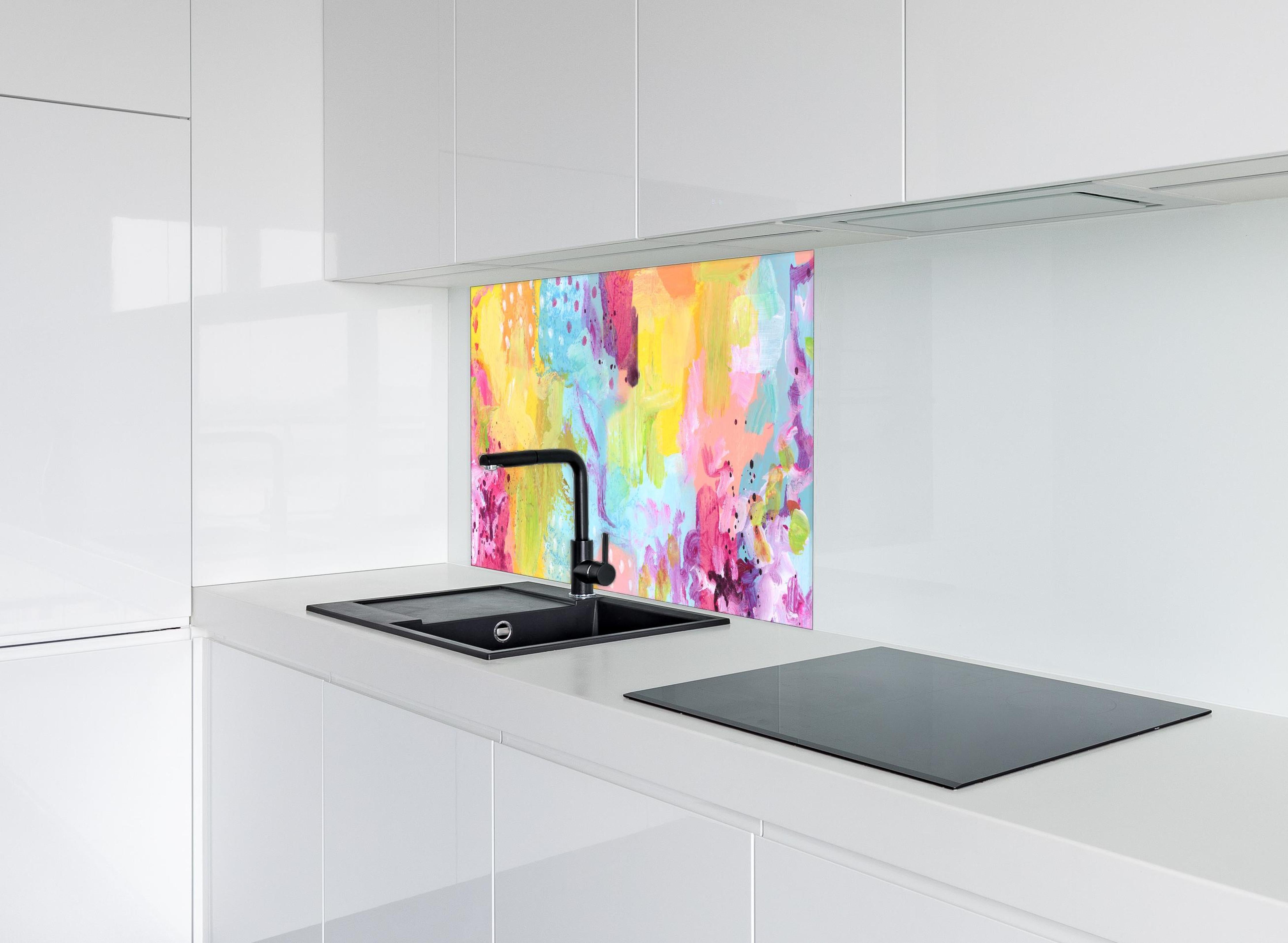 Spritzschutz - Aquarell Kunstmalerei - Bunt hinter einem Cerankochfeld zwischen Holz-Kochutensilien