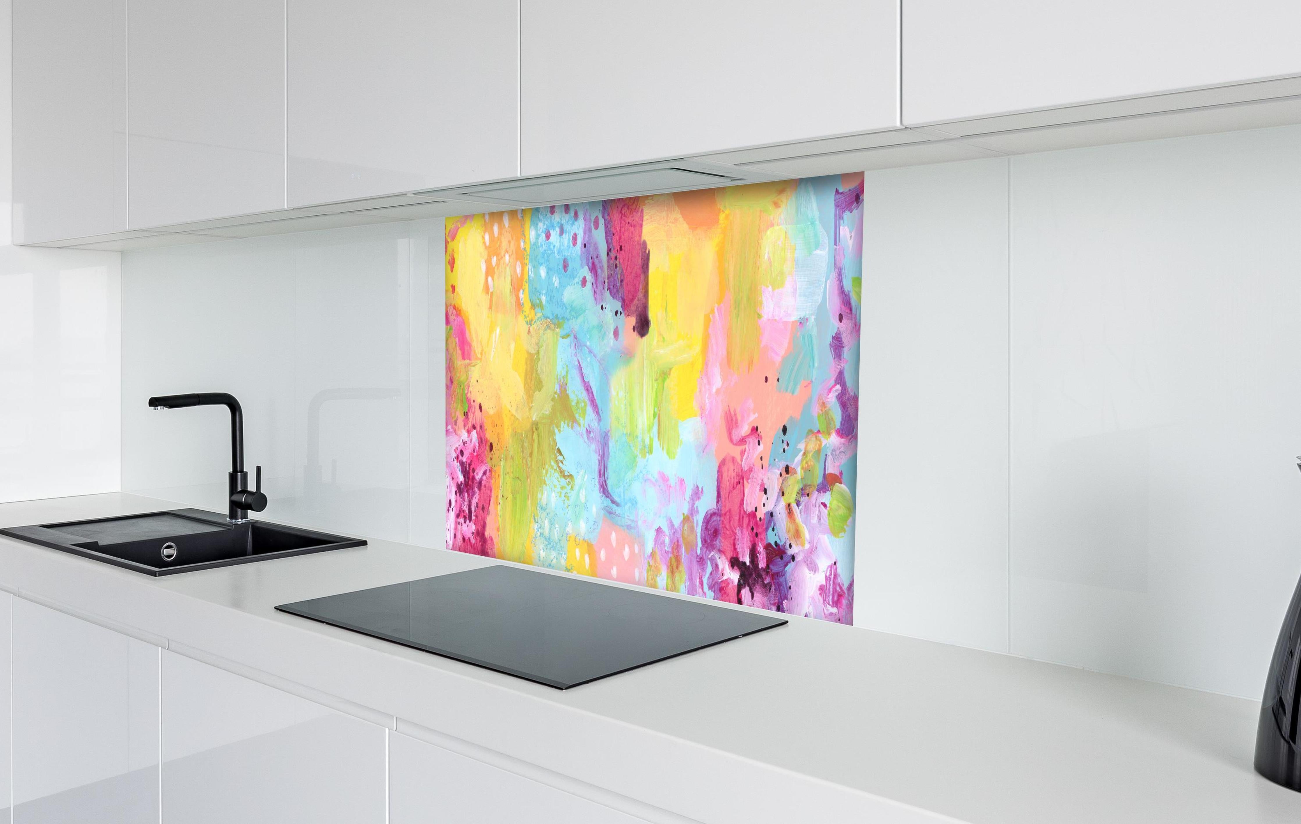 Spritzschutz - Aquarell Kunstmalerei - Bunt hinter einem Cerankochfeld zwischen Holz-Kochutensilien