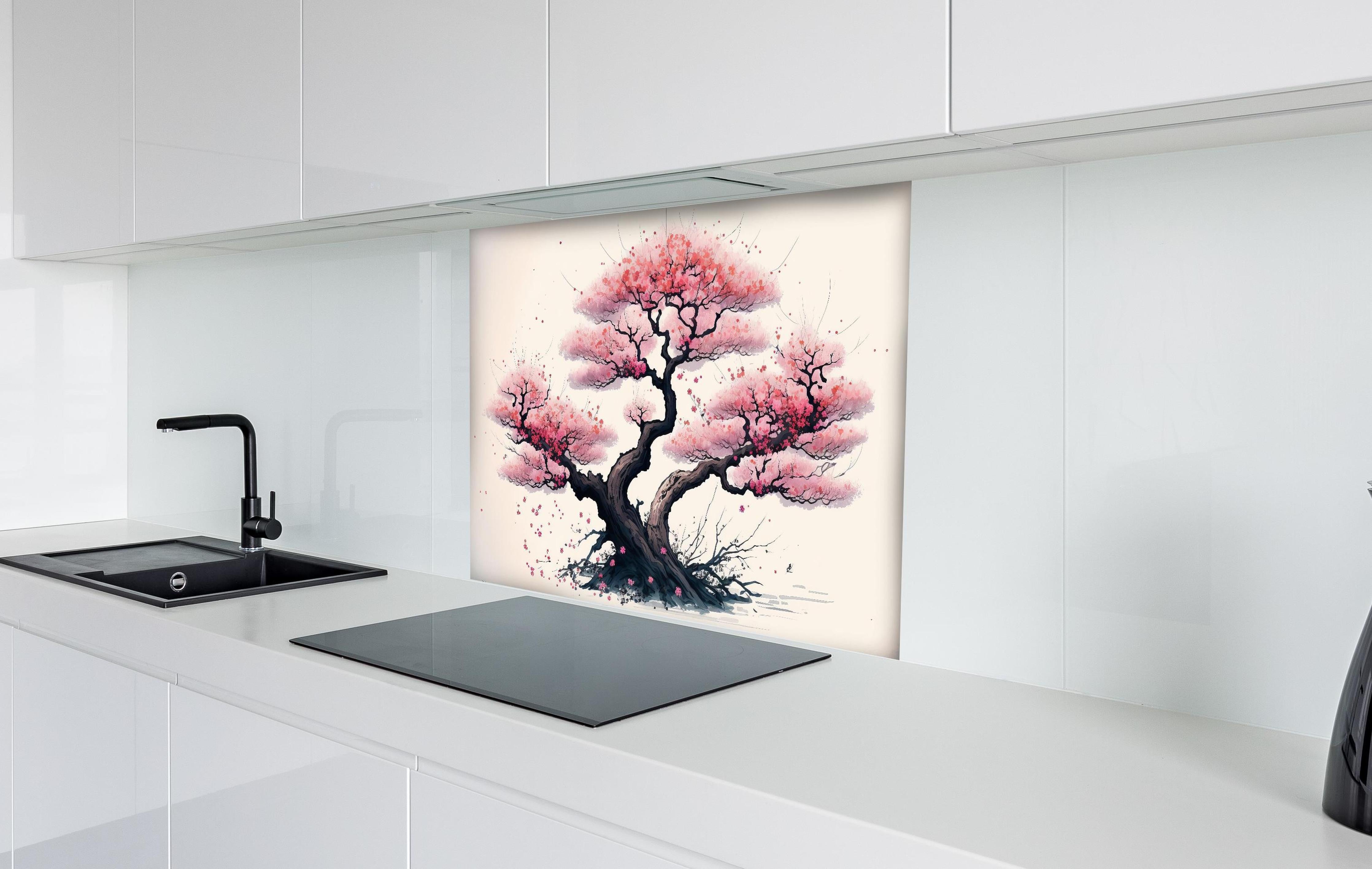 Spritzschutz - Aquarell Sakura Baum in Blüte hinter einem Cerankochfeld zwischen Holz-Kochutensilien