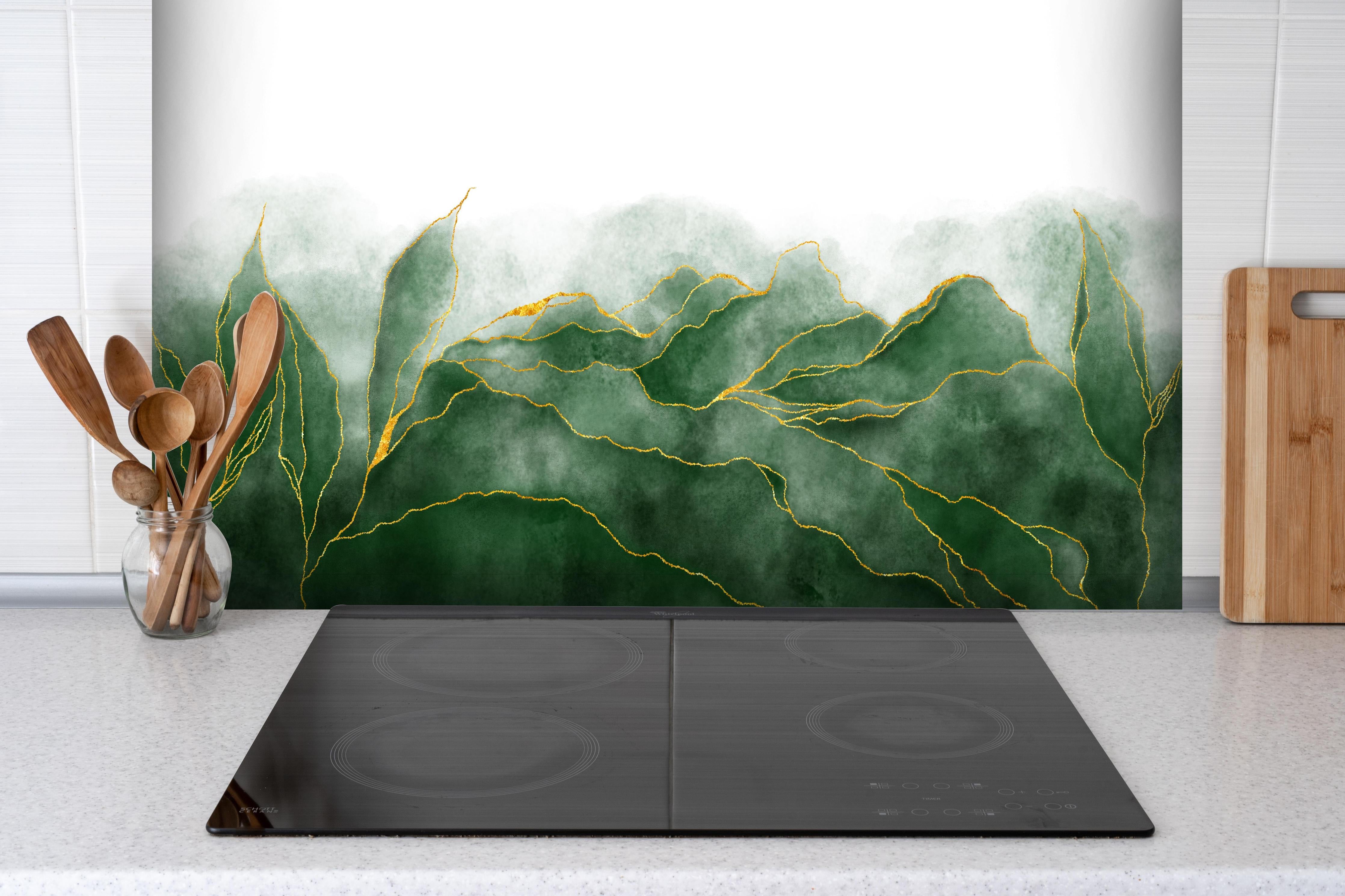 Spritzschutz - Aquarell Zeichnung - Pflanzen hinter einem Cerankochfeld zwischen Holz-Kochutensilien