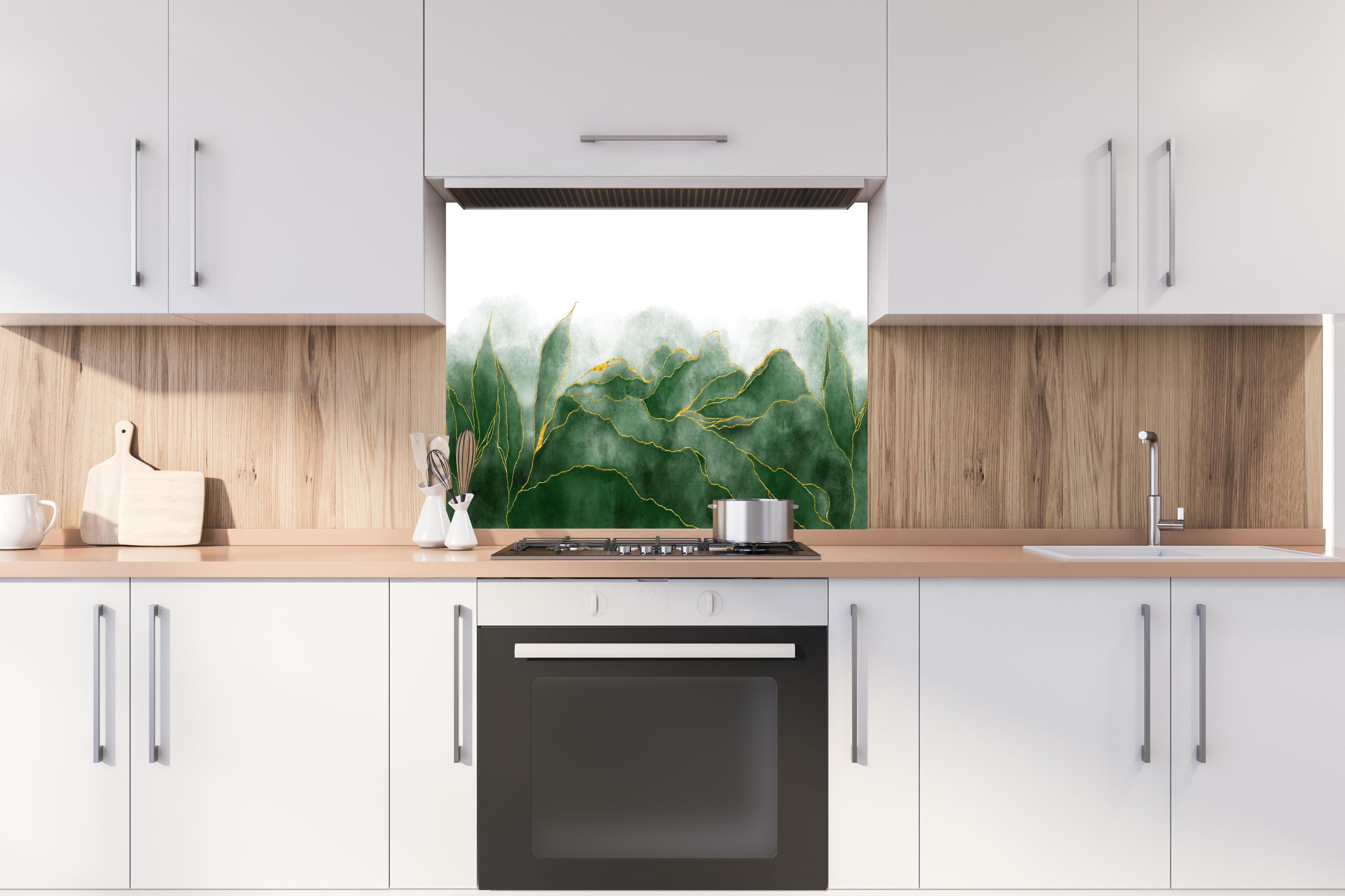 Spritzschutz - Aquarell Zeichnung - Pflanzen hinter einem Cerankochfeld zwischen Holz-Kochutensilien