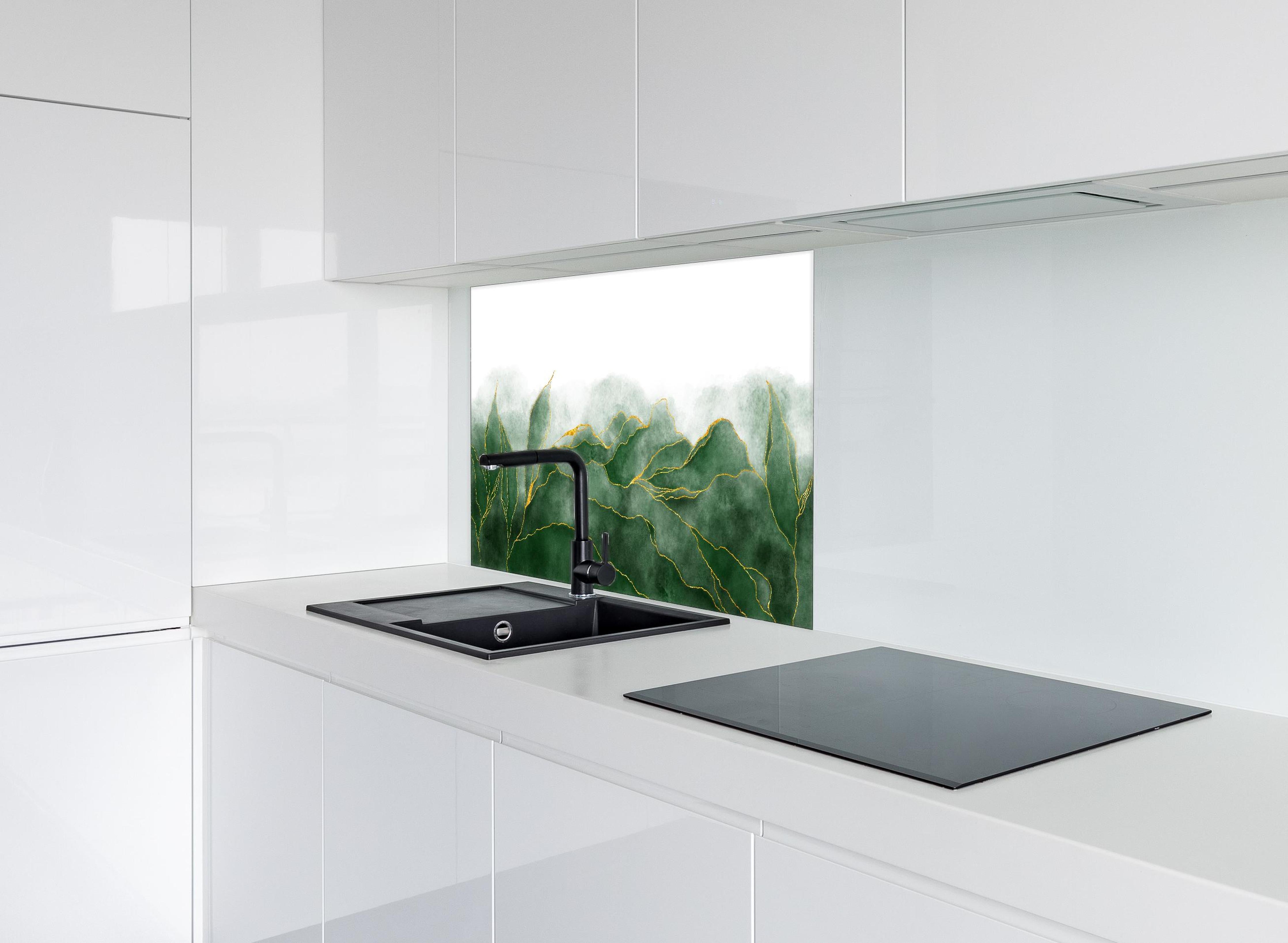 Spritzschutz - Aquarell Zeichnung - Pflanzen hinter einem Cerankochfeld zwischen Holz-Kochutensilien