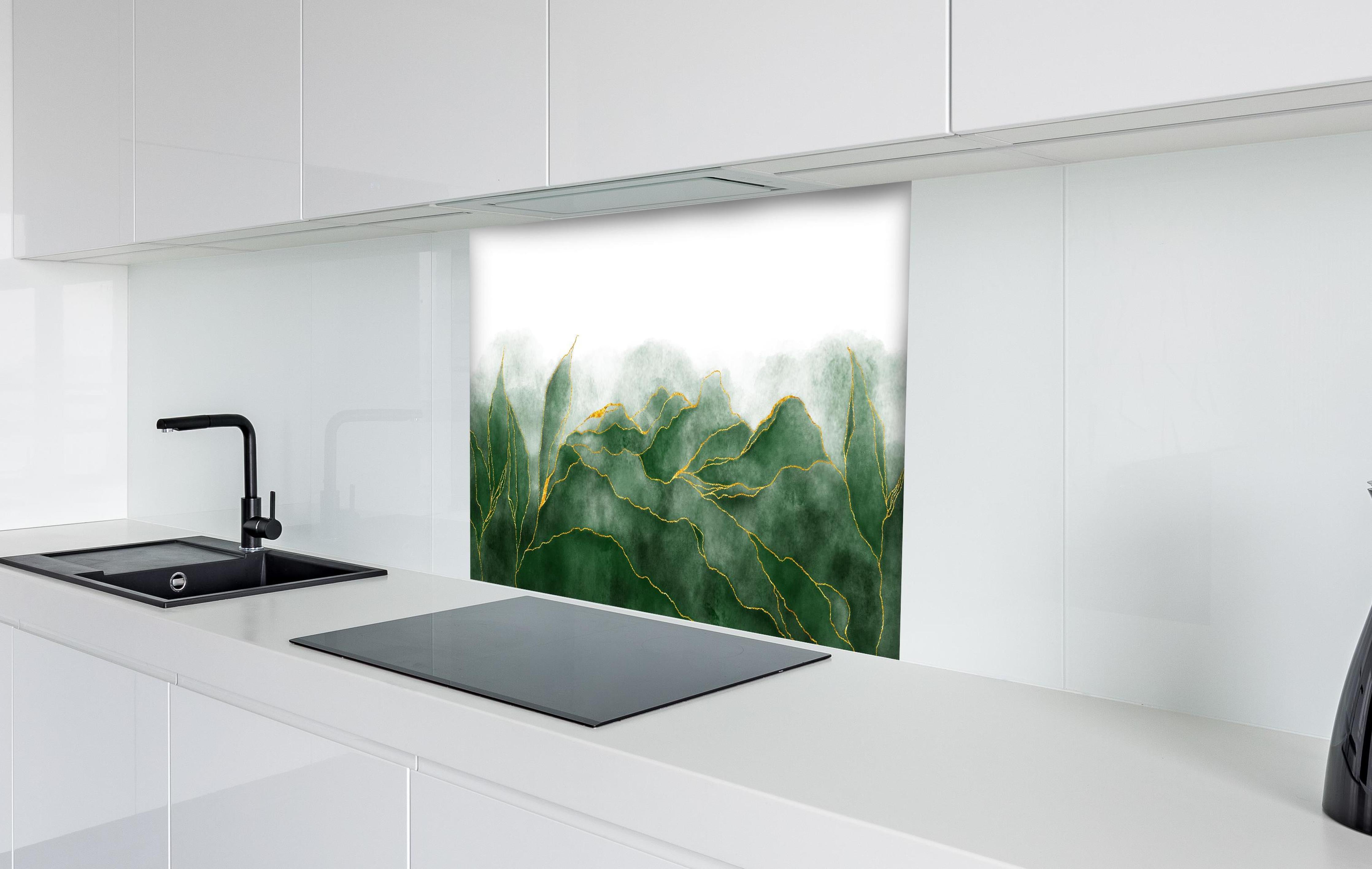 Spritzschutz - Aquarell Zeichnung - Pflanzen hinter einem Cerankochfeld zwischen Holz-Kochutensilien