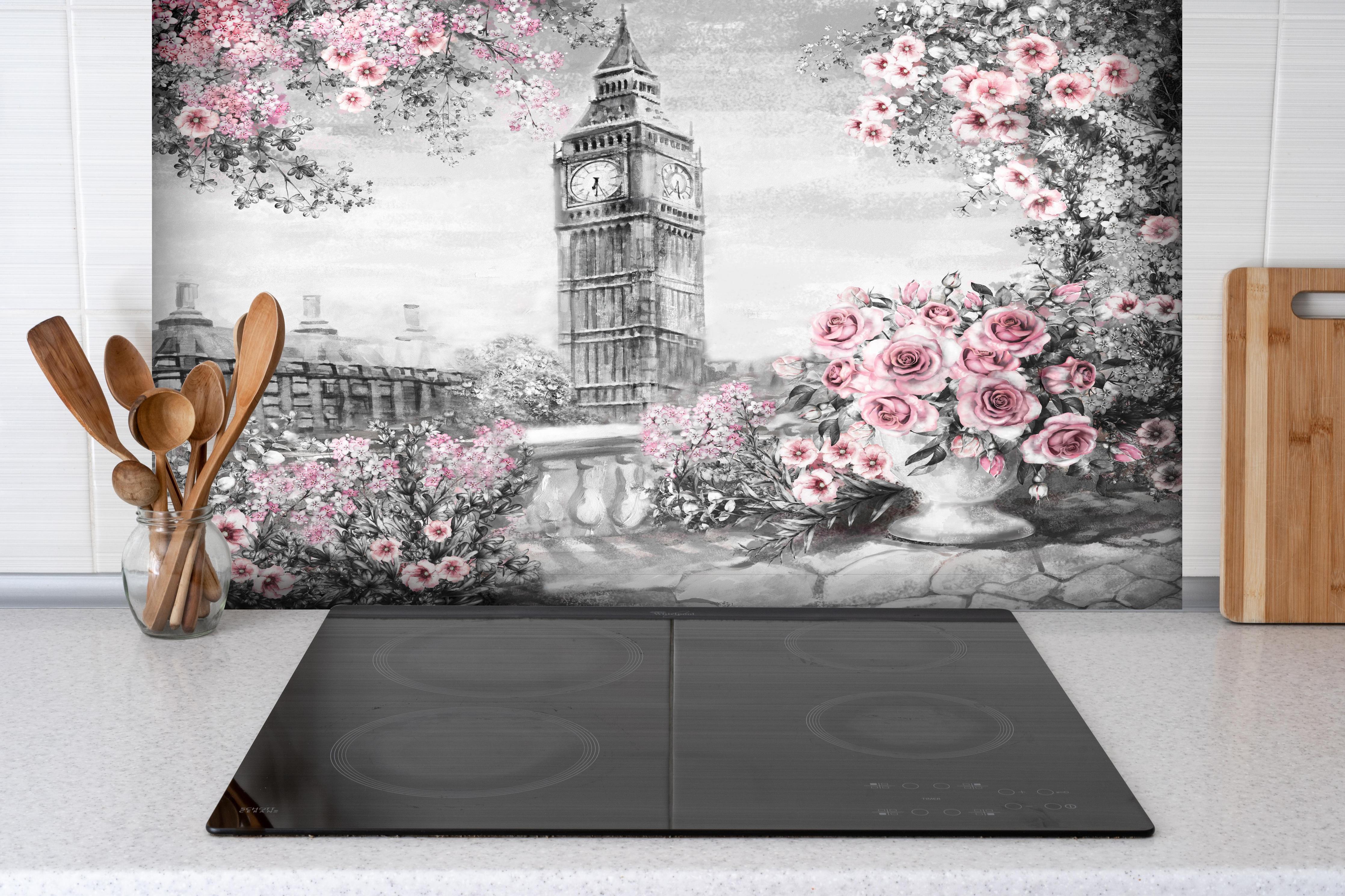 Spritzschutz - Aquarell des Big Ben hinter einem Cerankochfeld zwischen Holz-Kochutensilien