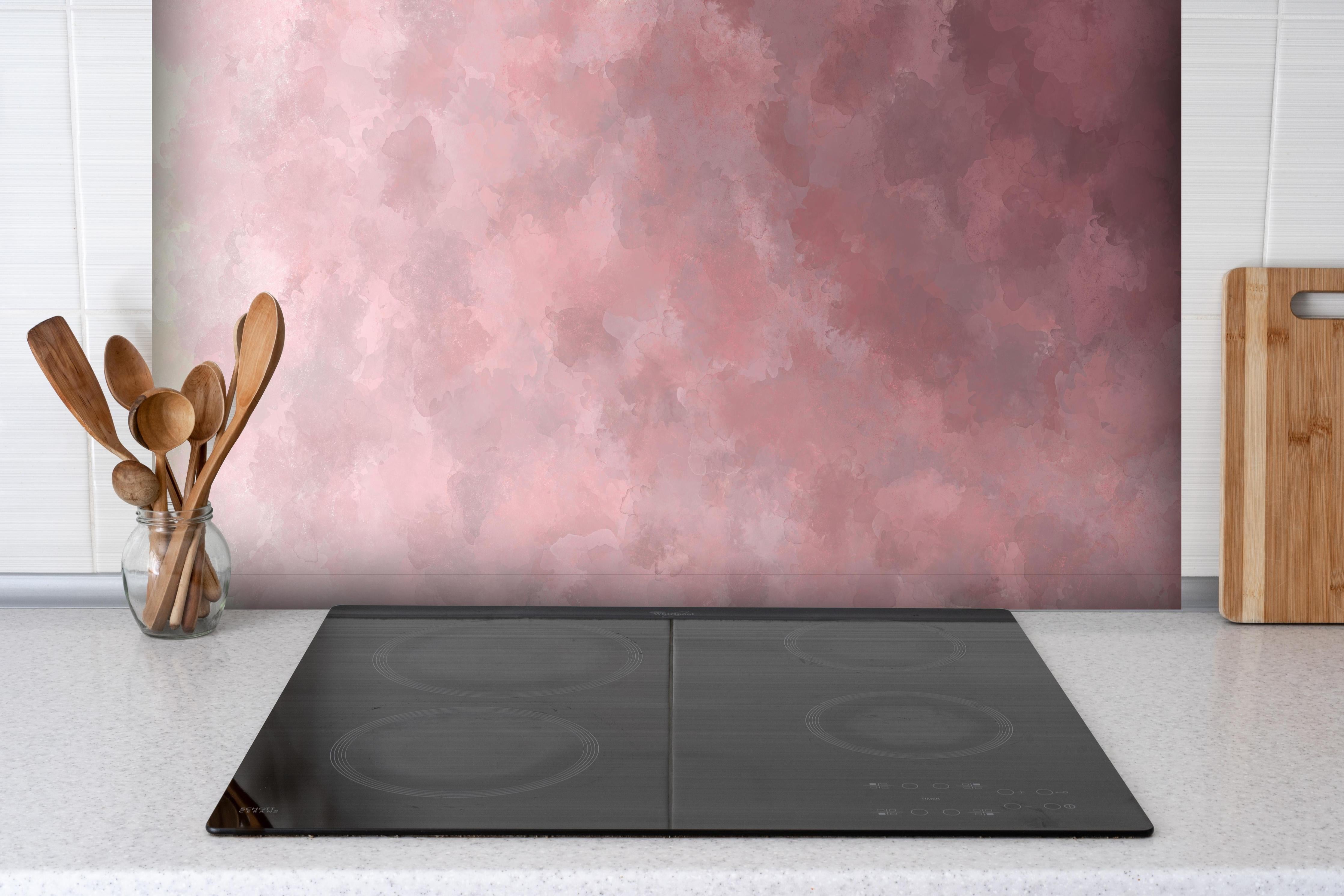 Spritzschutz - Aquarelle Textur - Kunstmalerei hinter einem Cerankochfeld zwischen Holz-Kochutensilien