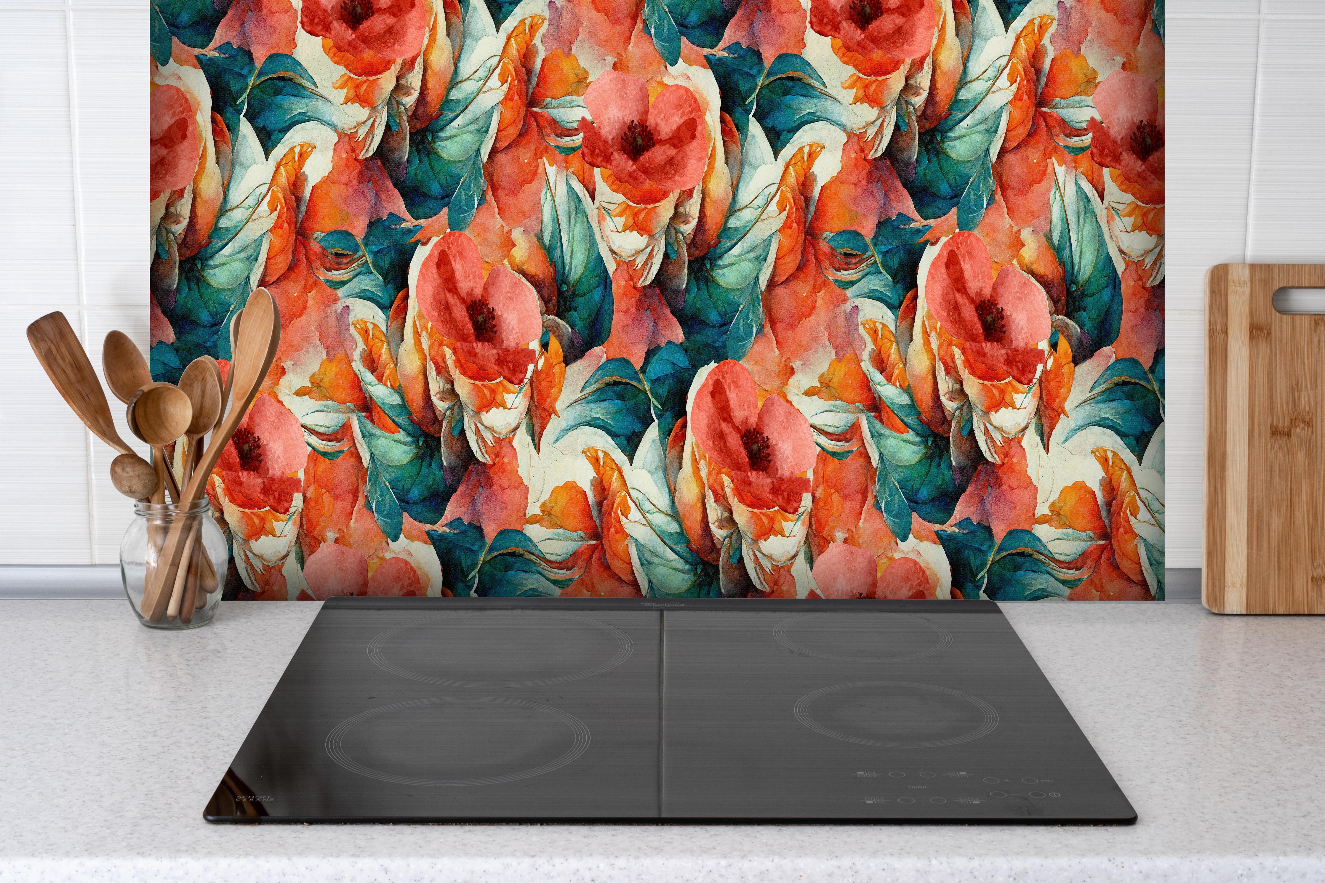 Spritzschutz - Aquarellpapier - Florales Muster hinter einem Cerankochfeld zwischen Holz-Kochutensilien