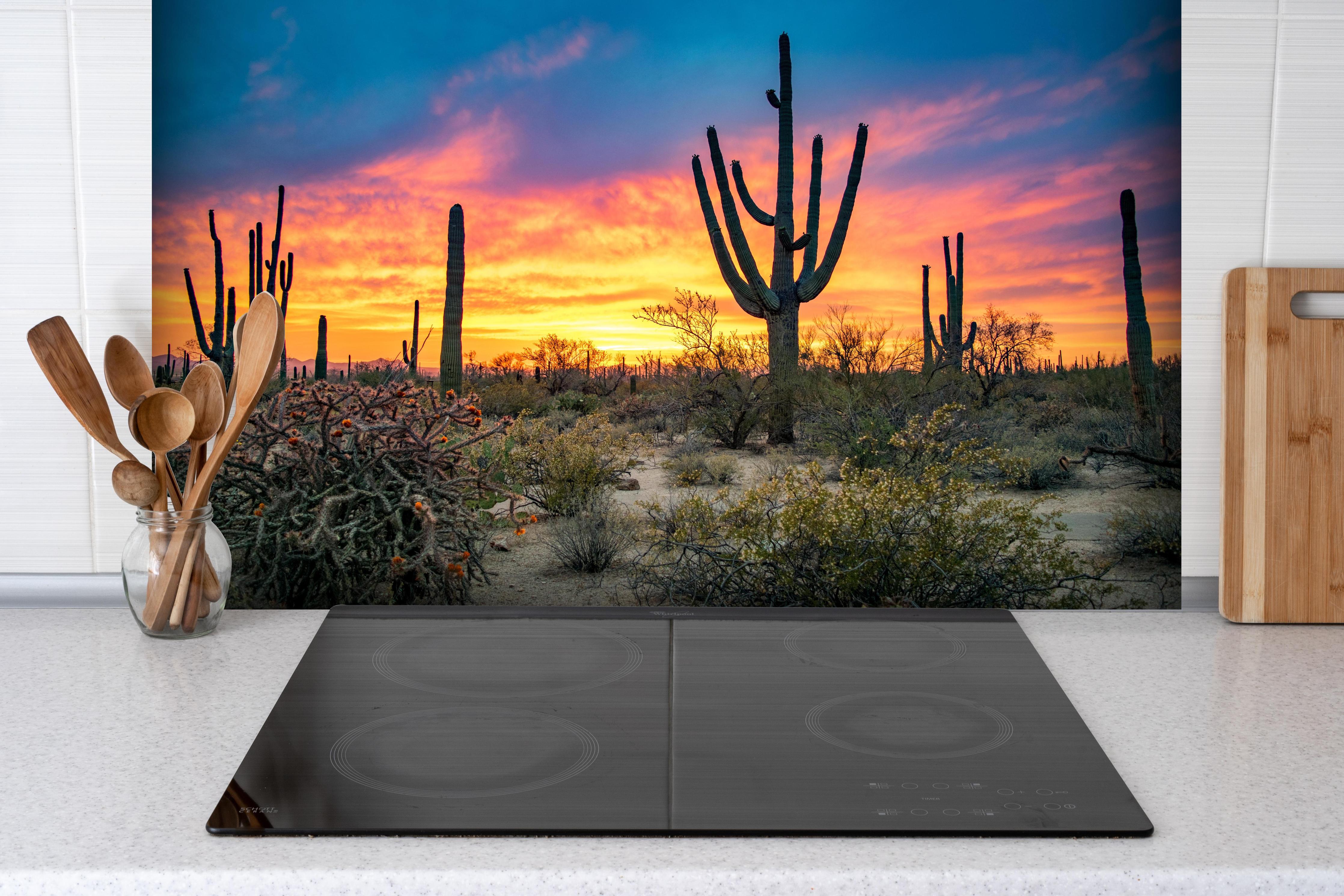 Spritzschutz - Arizona Wüste mit Kaktus Sonnenuntergang hinter einem Cerankochfeld zwischen Holz-Kochutensilien