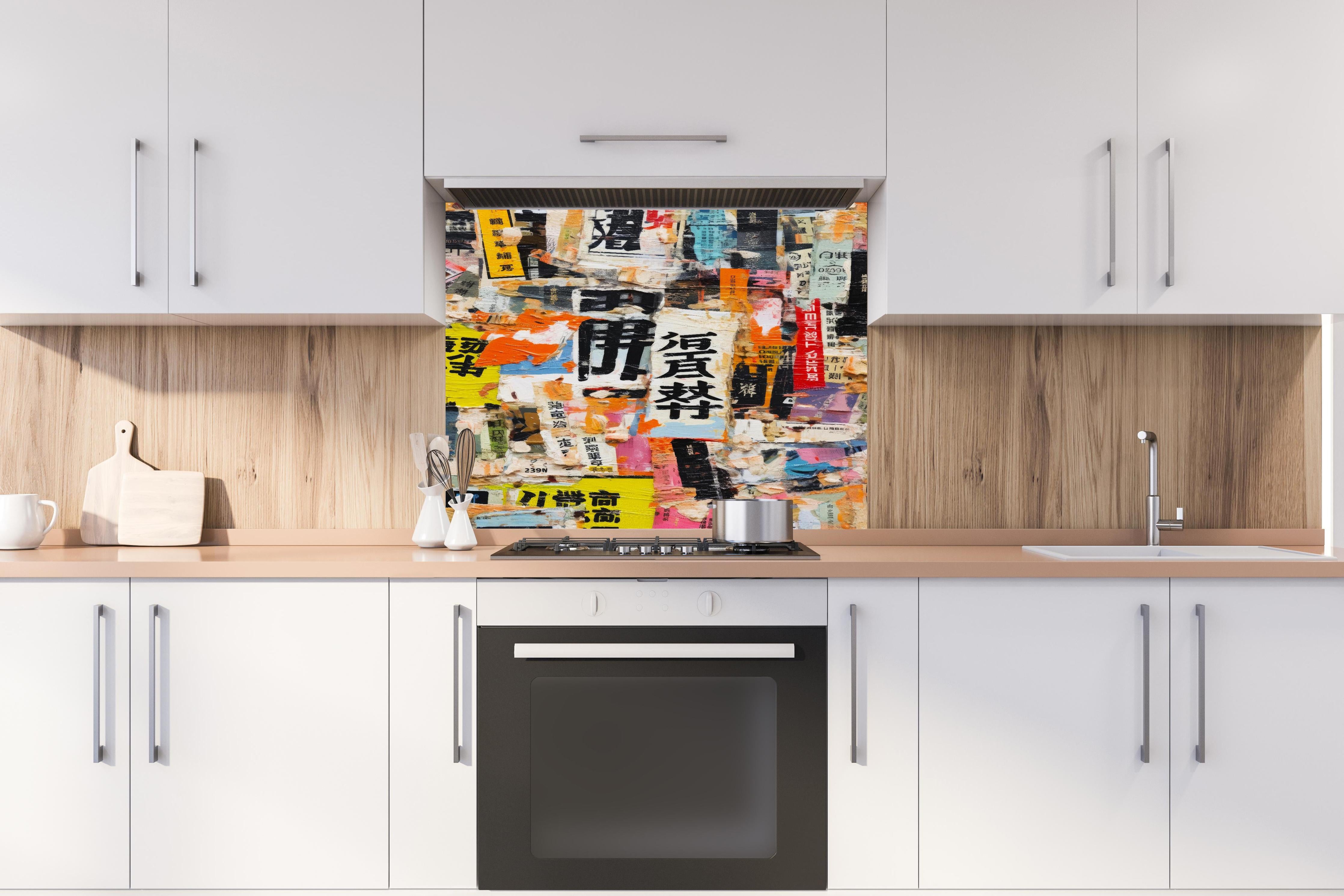 Spritzschutz - Asiatische Graffiti-Collage, Farbenspiel hinter einem Cerankochfeld zwischen Holz-Kochutensilien